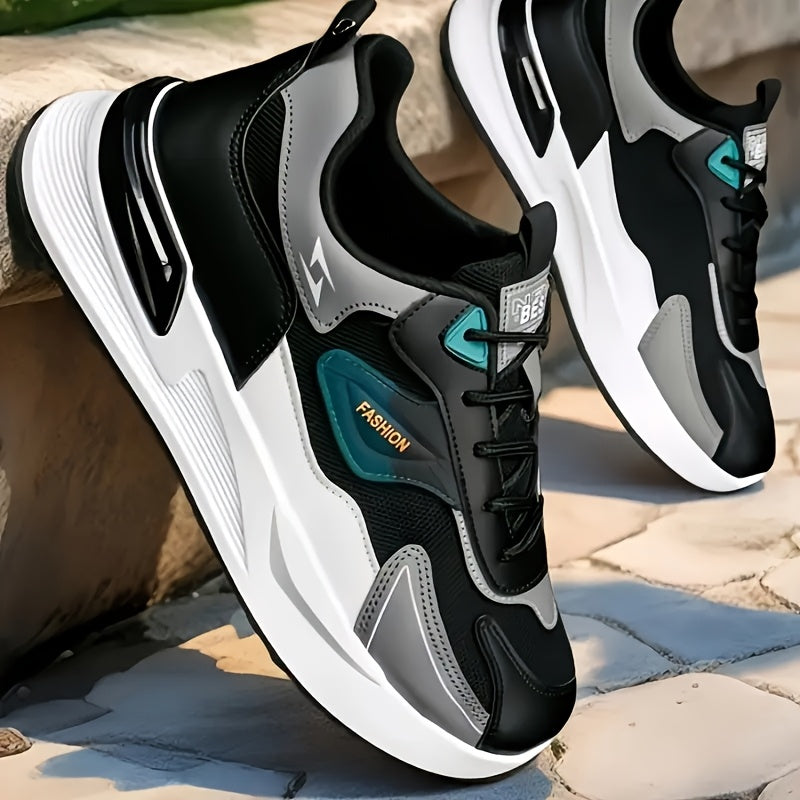 Men'S Breathable Running Sneakers with Gradient Design - Low-Top Lace-Up Casual Shoes, Durable PVC Sole, EVA Insole, Fashionable Black & White Patterns, Ideal for All Seasons Outdoor Activities
