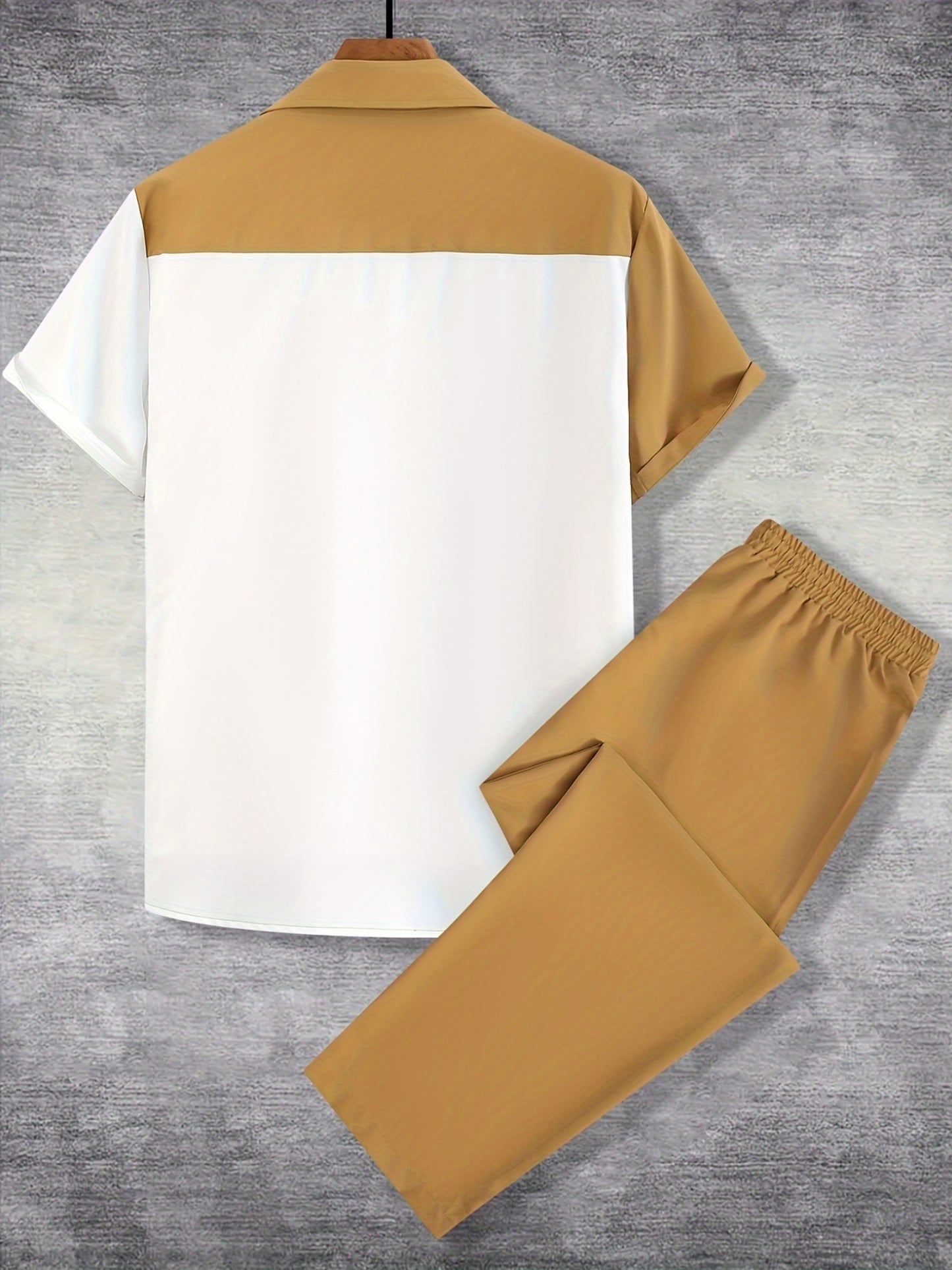 Men'S Casual Two-Piece Spring/Summer Color Block Short Sleeve Shirt and Pants Set - Polyester, Regular Fit, Button-Up with Pocket, No Belt, All-Season Wear, Casual Attire|Casual Style|Polyester Fabric