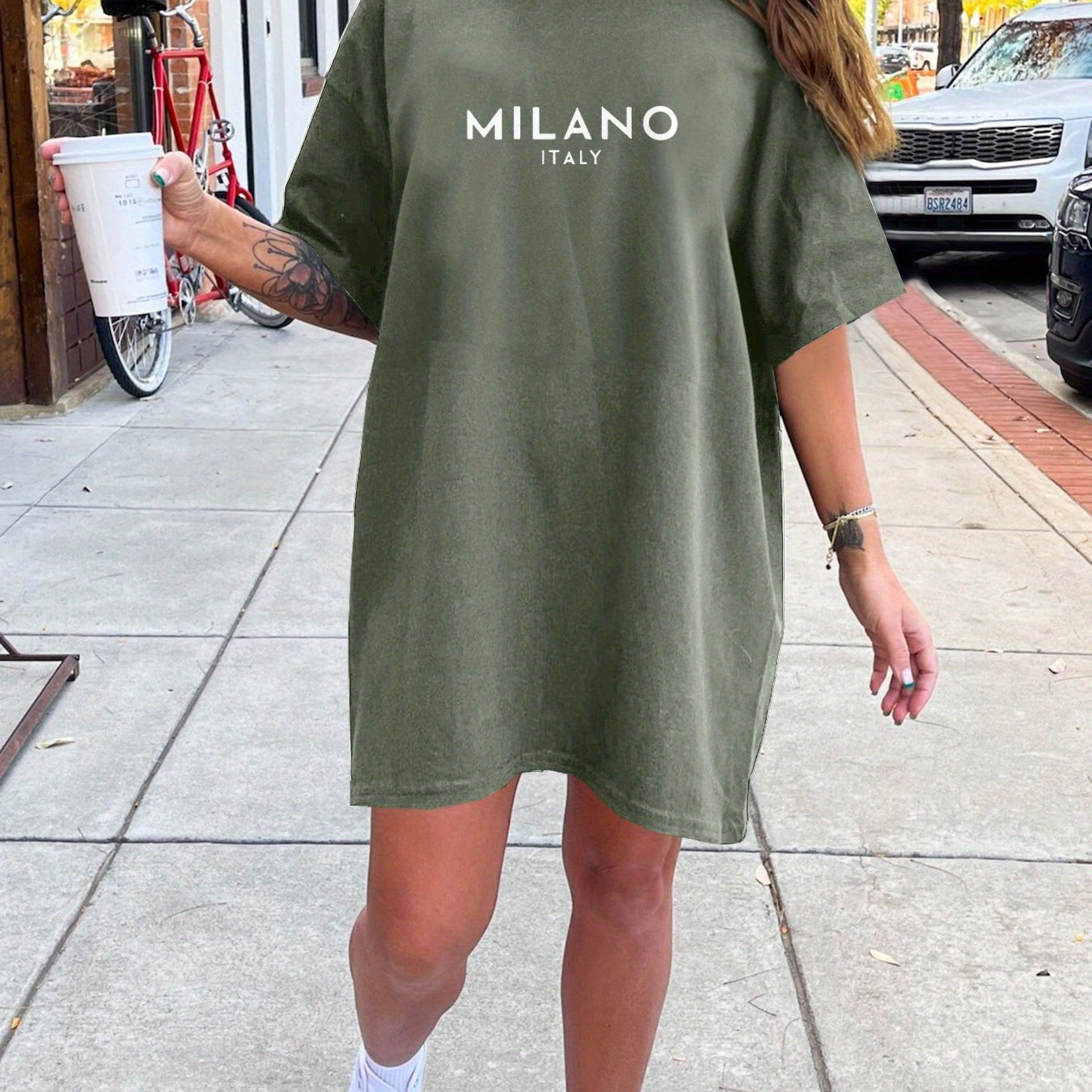 Երկկողմանի Milano Italy Letter Print Crew Neck Tee զգեստ, պատահական կարճաթև ամառային զգեստ կանանց համար, թեթև և հարմարավետ