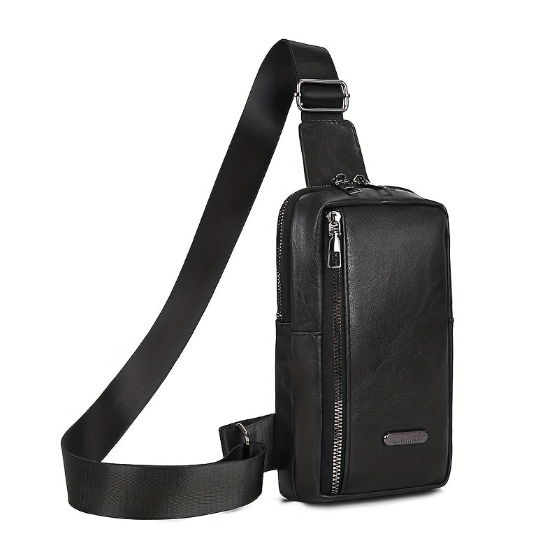 Men'S Classic Black PU Crossbody Bag with Geometric Pattern, Key Holder, Zipper Closure, Polyester Lining, Urban Style, Commuter Bag|Geometric Pattern Bag|Zippered Closure Bag