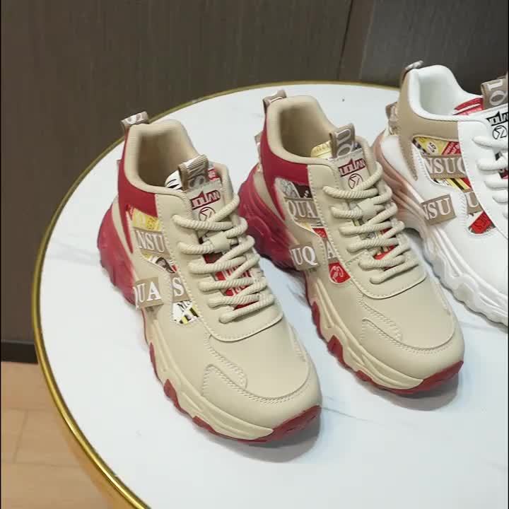 Women's Chunky Platform Sneakers - High-Top Lace-Up Shoes with Cushioned PVC Sole, Beige/White/, Synthetic Cover Upper - All-Season Outdoor, Casual, Office Shoes for Everyday & Formal Outfits - Lightweight Thick Platform Foot