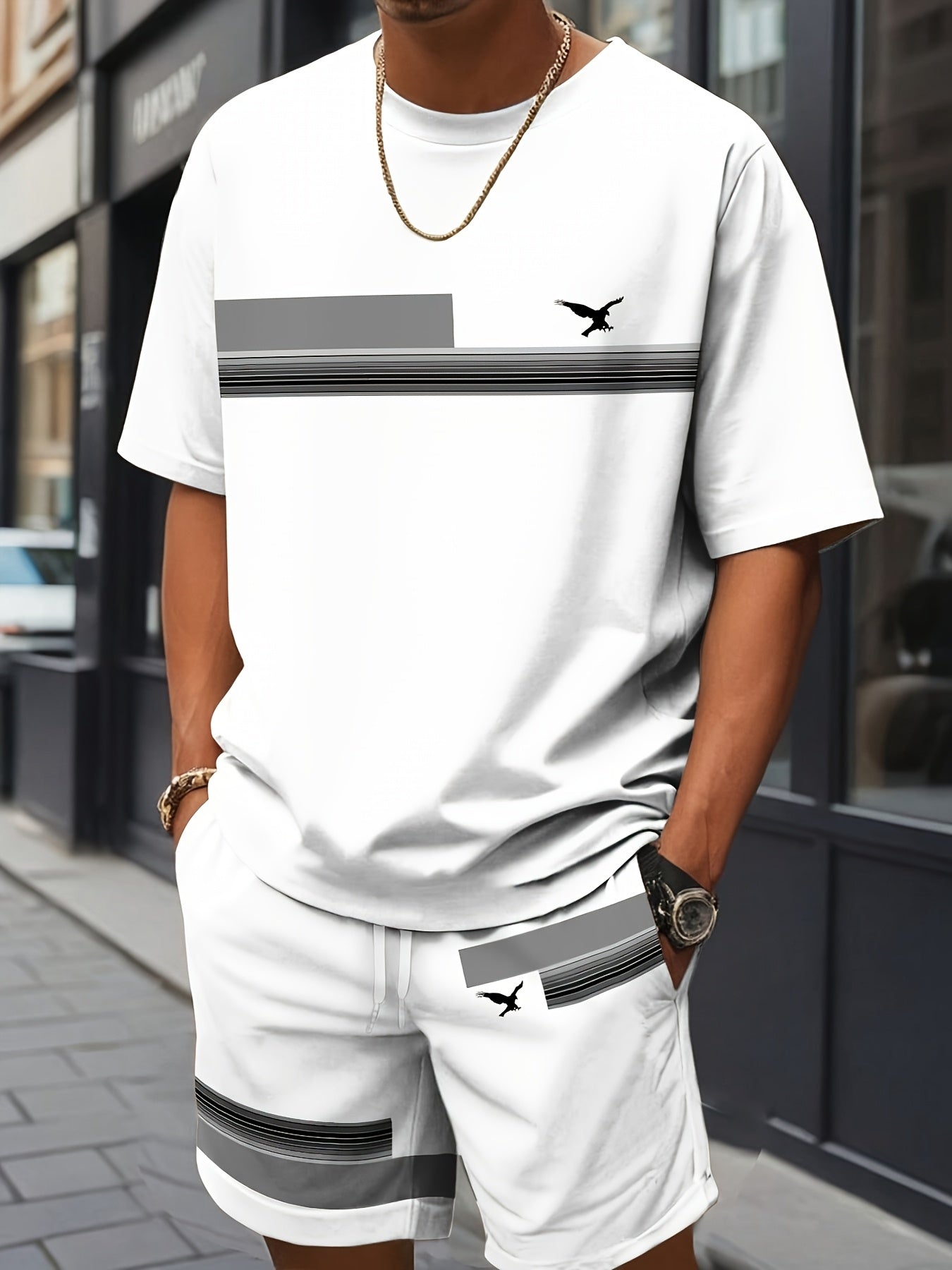Men'S Casual Summer Two-Piece Athletic Wear Set - Light Blue T-Shirt with Green & White Stripes, Matching Shorts, Perfect for Daily Leisure, Vacation, and Sports, Casual Sportswear | Relaxed Fit Shorts | Stretchable Fabric