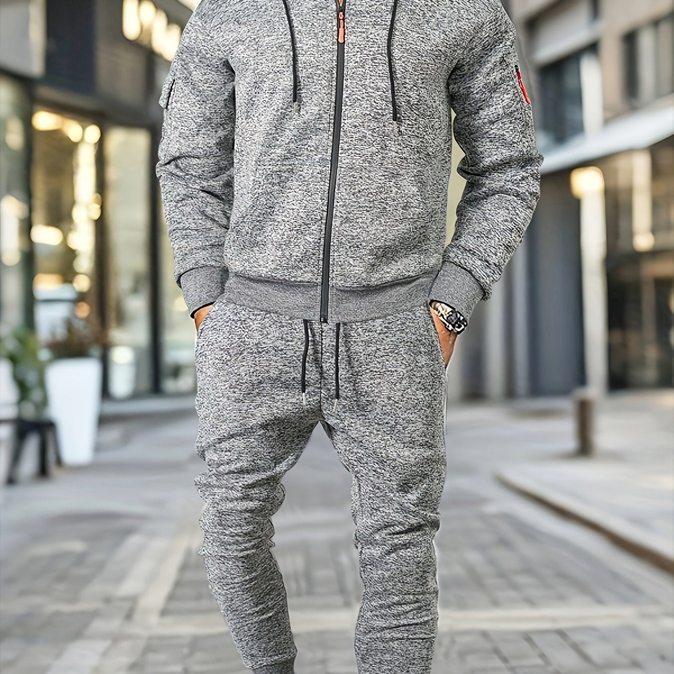 Men's Casual Sports Hoodie and Pants Set with Zipper, Drawstring, Fleece-Lined - Polyester Blend, Machine Washable