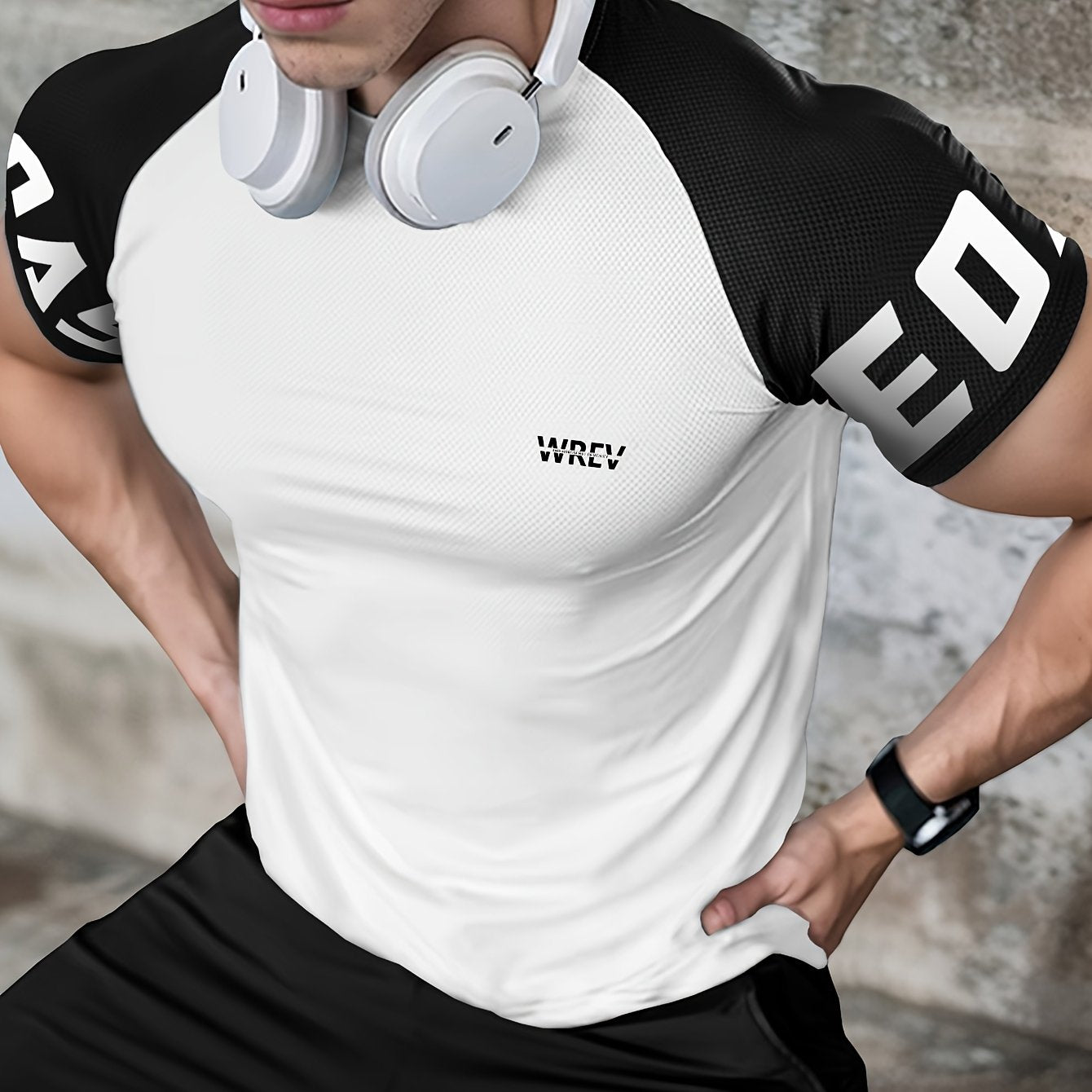 Men's Quick-Dry Breathable Mesh Sports T-Shirt - Summer Gym Workout Top with Contrast Black & White Sleeves & for Man Letter Print, Slim Fit for Running Training Casual Wear, Breathable Running Gear | Sporty Casual Tee | Mesh