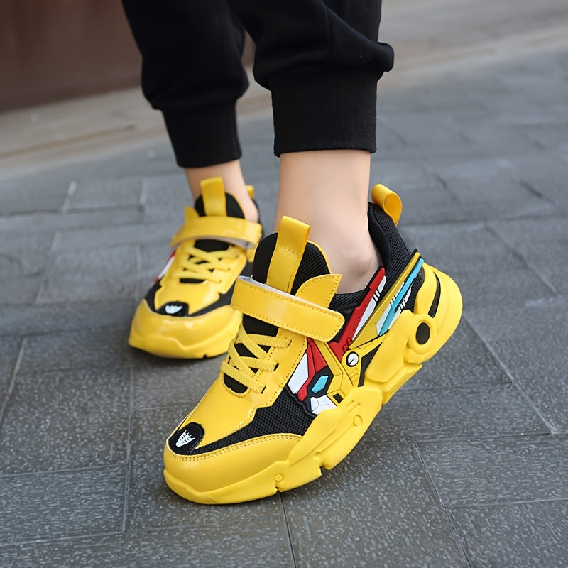 Boys' Lightweight Breathable Mesh Sneakers - Vibrant Yellow Cartoon Design, Hook-and-loop Fastener Closure, Perfect for Spring & Summer Casual Wear, Playful Outdoor Shoes | Cartoon Pattern Shoes | EVA Cushioned Sole