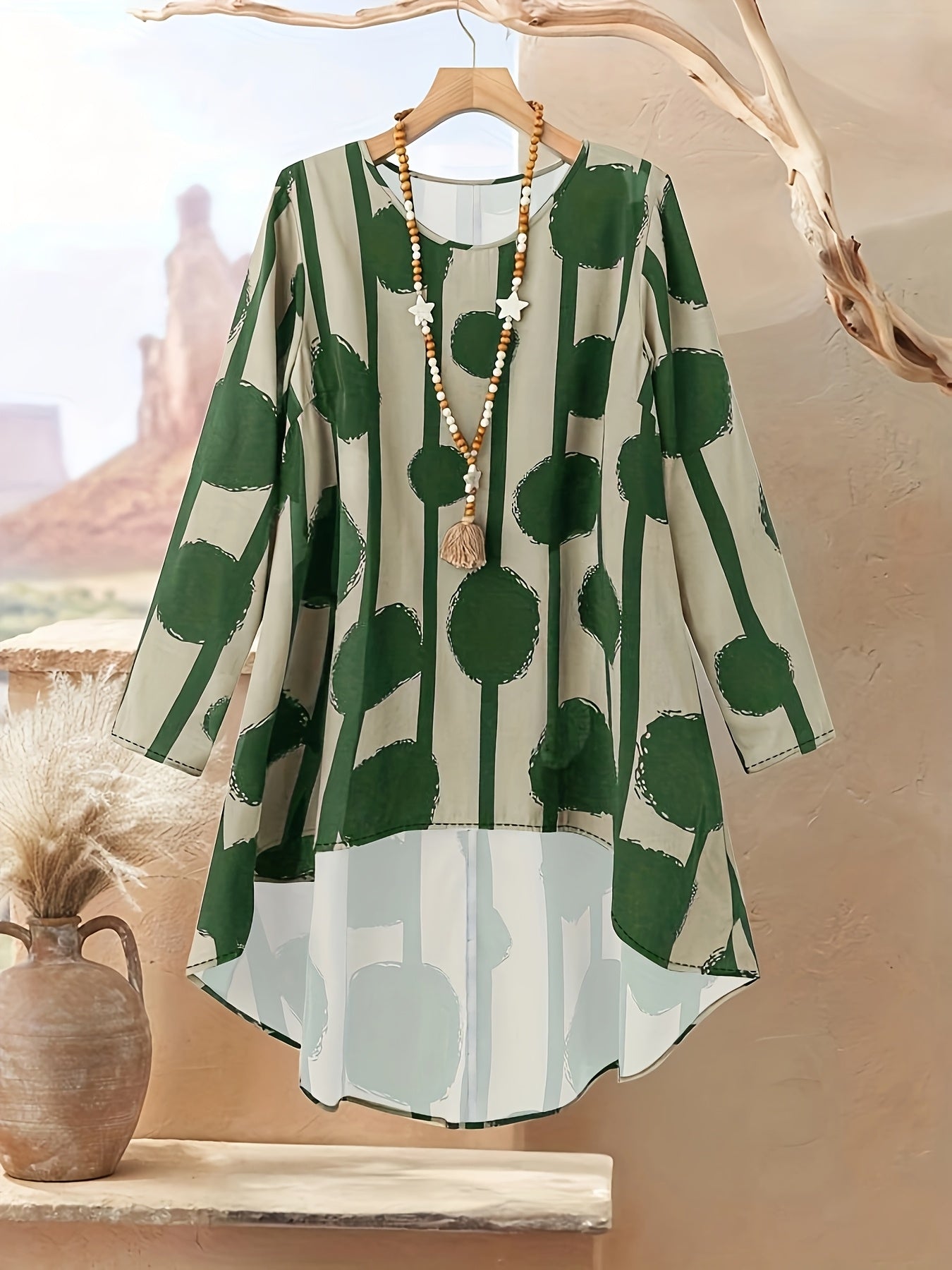 Plus Size, Women's Plus Size Printed Elegant Loose Long Sleeve Top and Pants Set