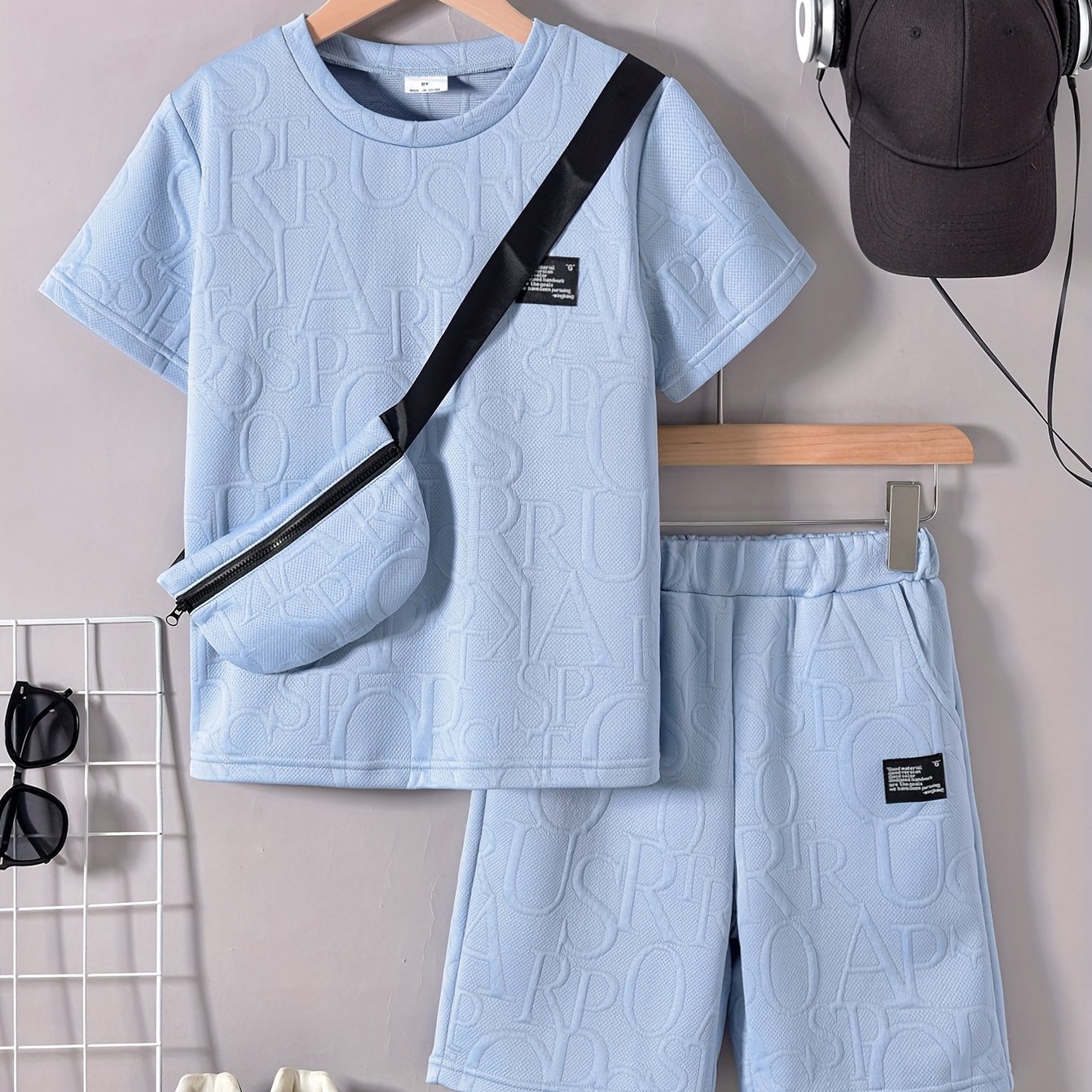 Boys' Stylish White Short Sleeve T-Shirt + Casual Shorts + Fashion Crossbody Bag Set, Perfect for Outdoor