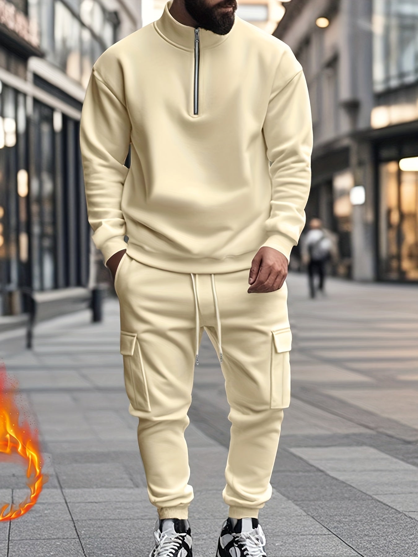 Versatile Ensemble, Men's Casual 2pcs Set: Heavyweight Zip-Up High Neck Sweatshirt & Pocketed Work Pants - Solid Color, Plush Fabric for Fall/Winter