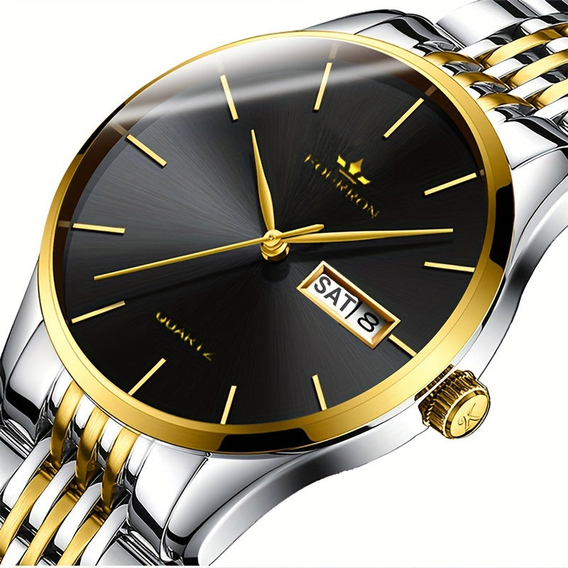 FOURRON Men's Luxury Stainless Steel Quartz Watch with Date & Calendar - Luminous, Fashionable Casual Design for Business, Travel & Casual Attire - Perfect Birthday Or Holiday Gift Valentine's Day