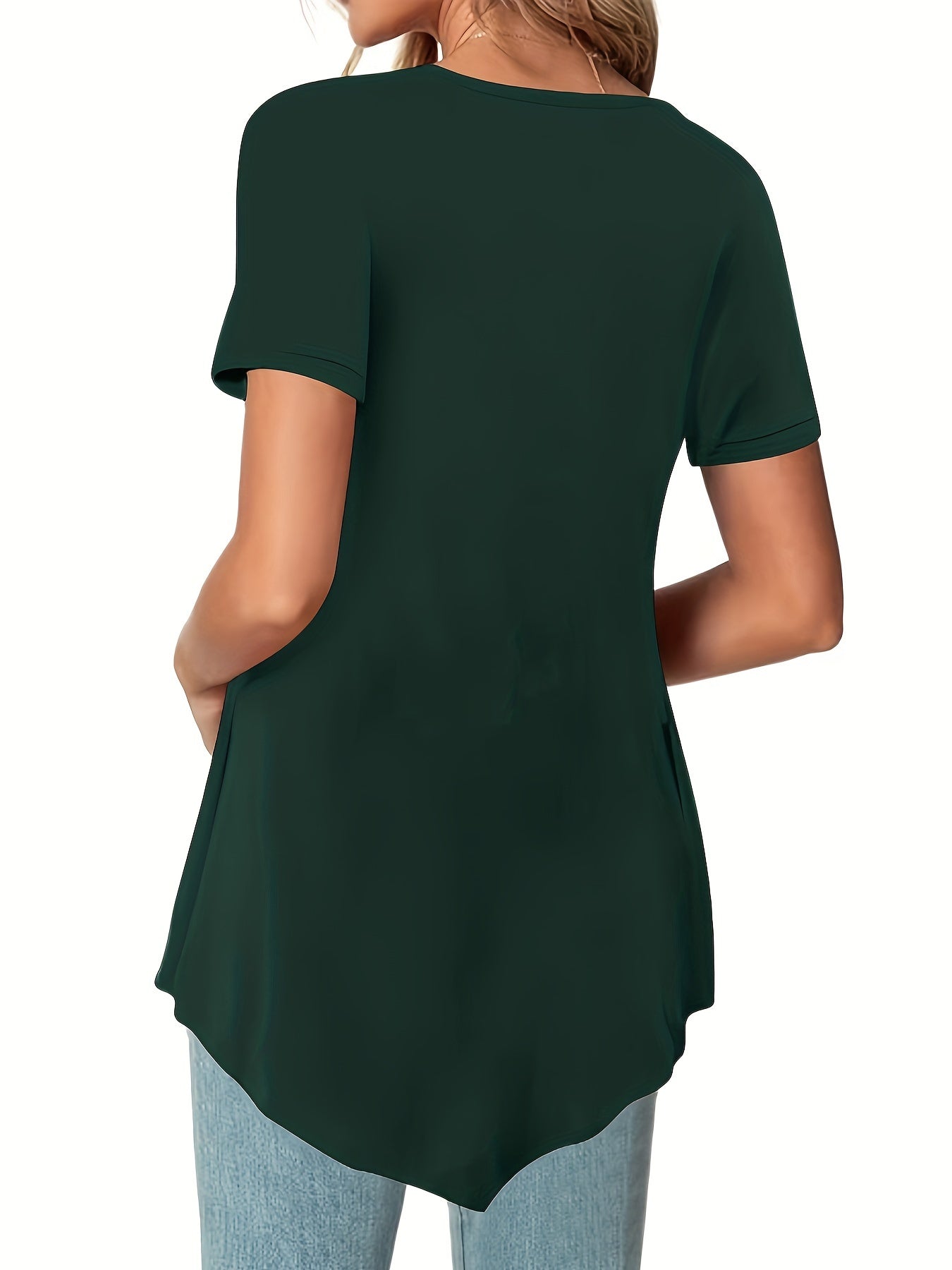 Asymmetrical Hem Crew Neck T-shirt, Short Sleeve Casual Top For Summer & Spring, Women's Clothing