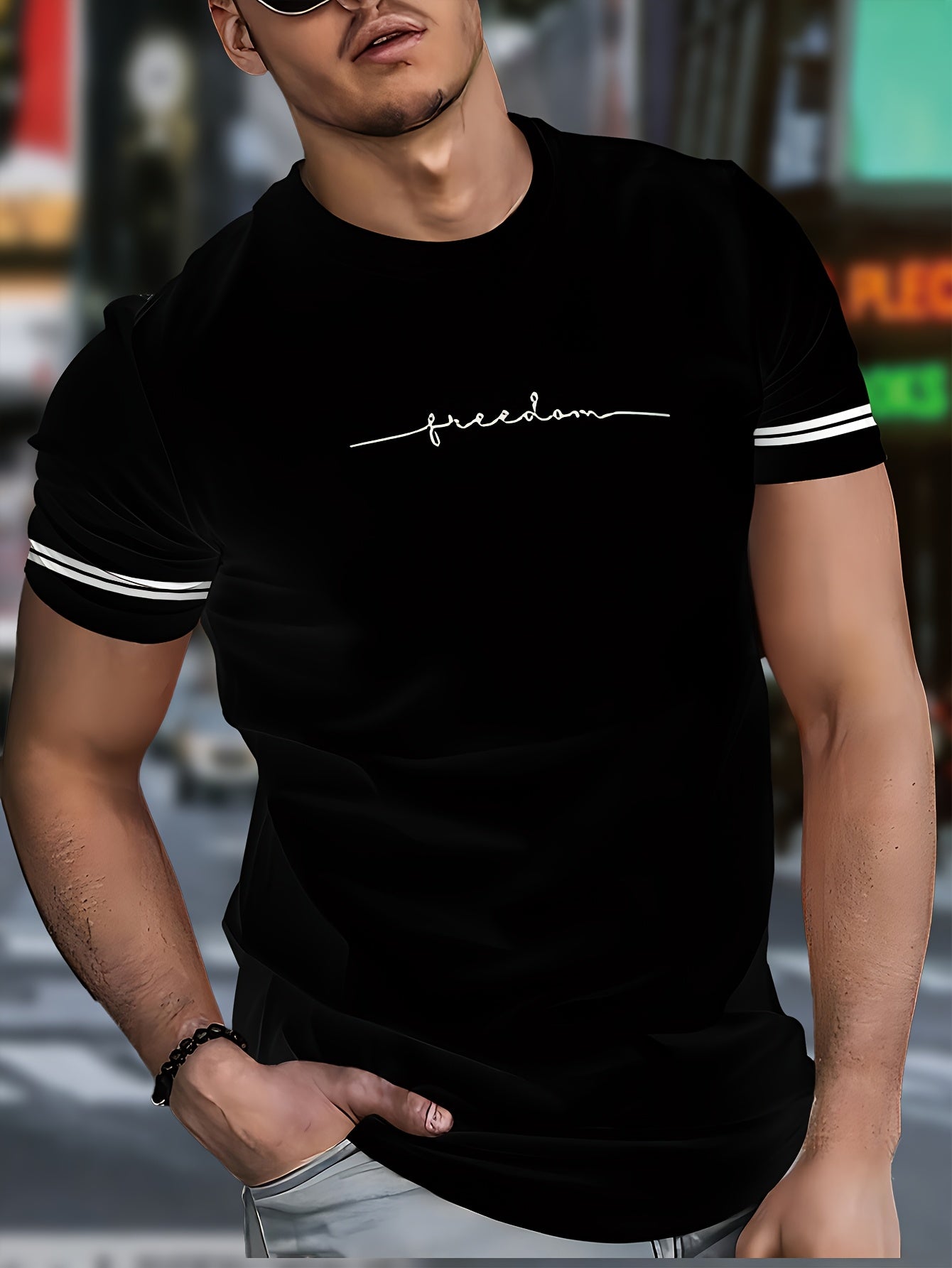 Men'S "Freedom" Graphic T-Shirt - Black Casual Crew Neck Tee with White Stripes, Breathable Polyester Blend, Regular Fit for Casual Attire, Everyday Tshirt | Bold Print Tee | Comfortable Fit, Knit