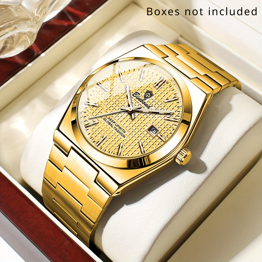 Binbond Luxury Men's Quartz Watch - Stylish Blue Dial, Rose Golden Accents, Waterproof Stainless Steel Band, Calendar Feature, Fashionable Business Design, Formal Accessory | Modern Quartz Watch | Rose Golden Details