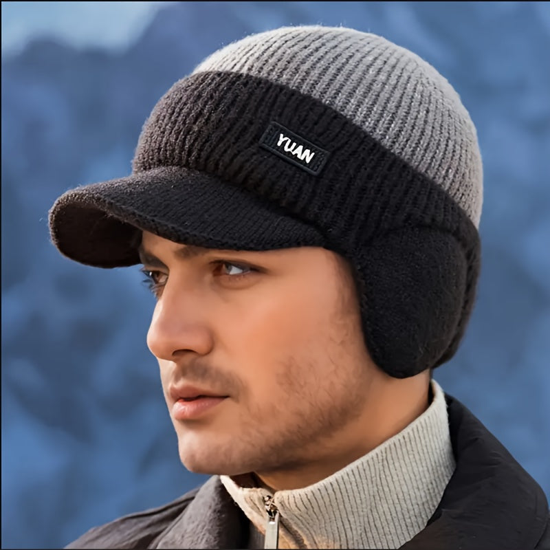 Men'S Winter Ear-Protecting Knitted Cap with Fleece, Warm Duckbill Hat for Outdoor Youth Cycling in a Color-Block Design.