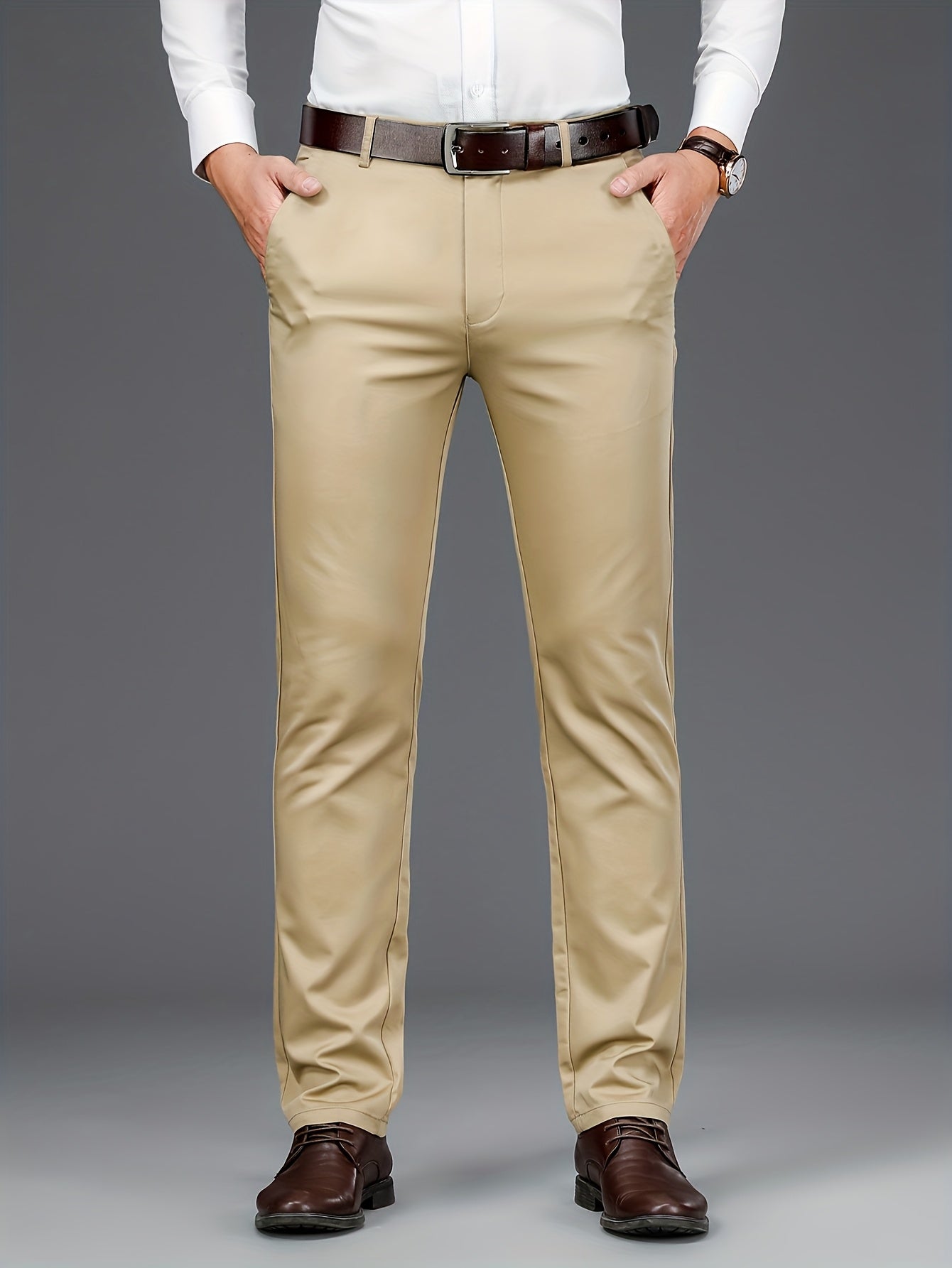 Men'S Stretch Fit Straight-Leg Trousers - Beige Business Casual Pants with Elastic Waistband, Perfect for Spring & Fall, Office Attire|Sleek Formal Attire|Comfortable Fit