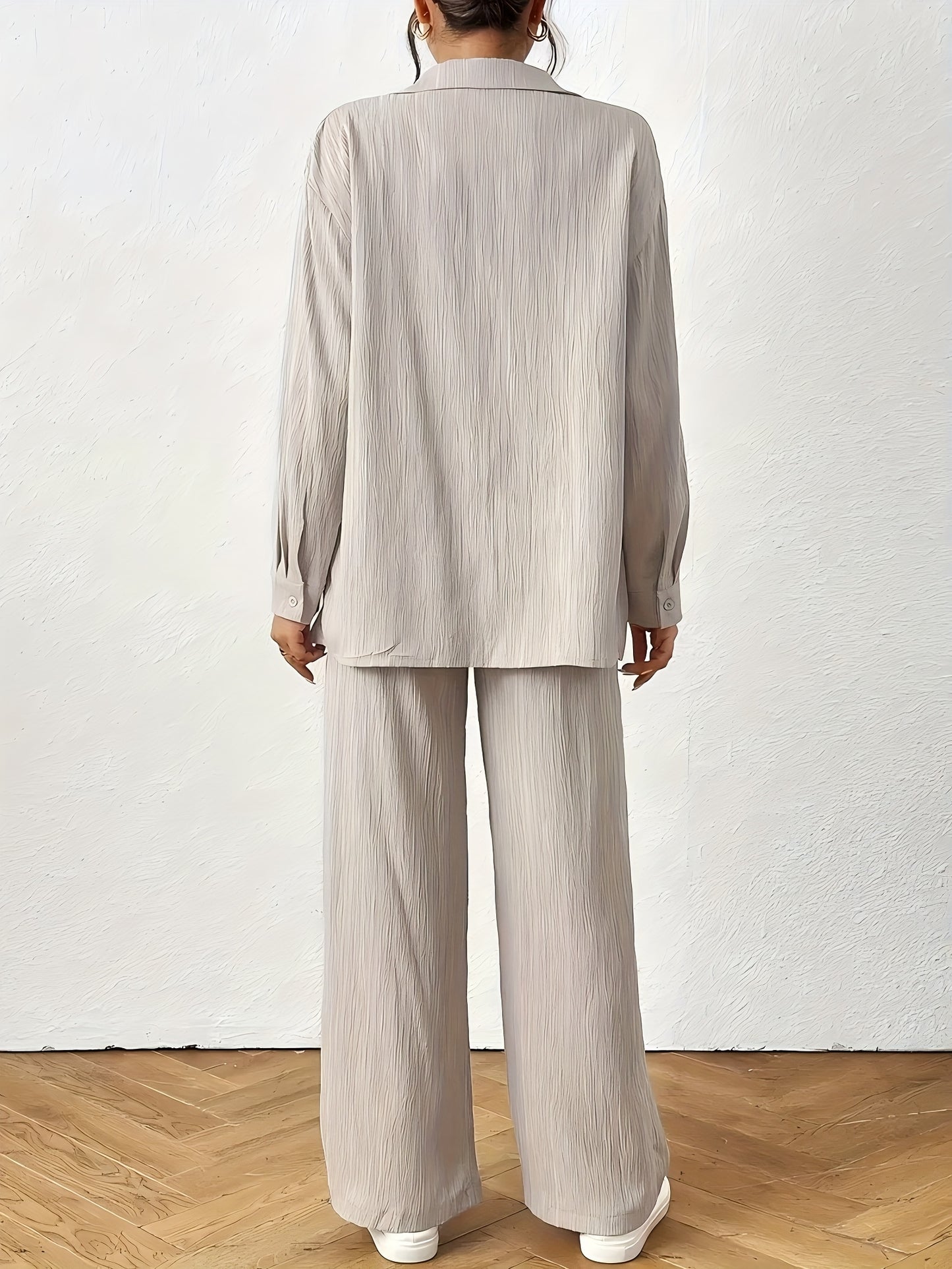 Women'S Casual Solid Color Long Sleeve Shirt + Long Pants 2pcs Set for Spring And Autumn.