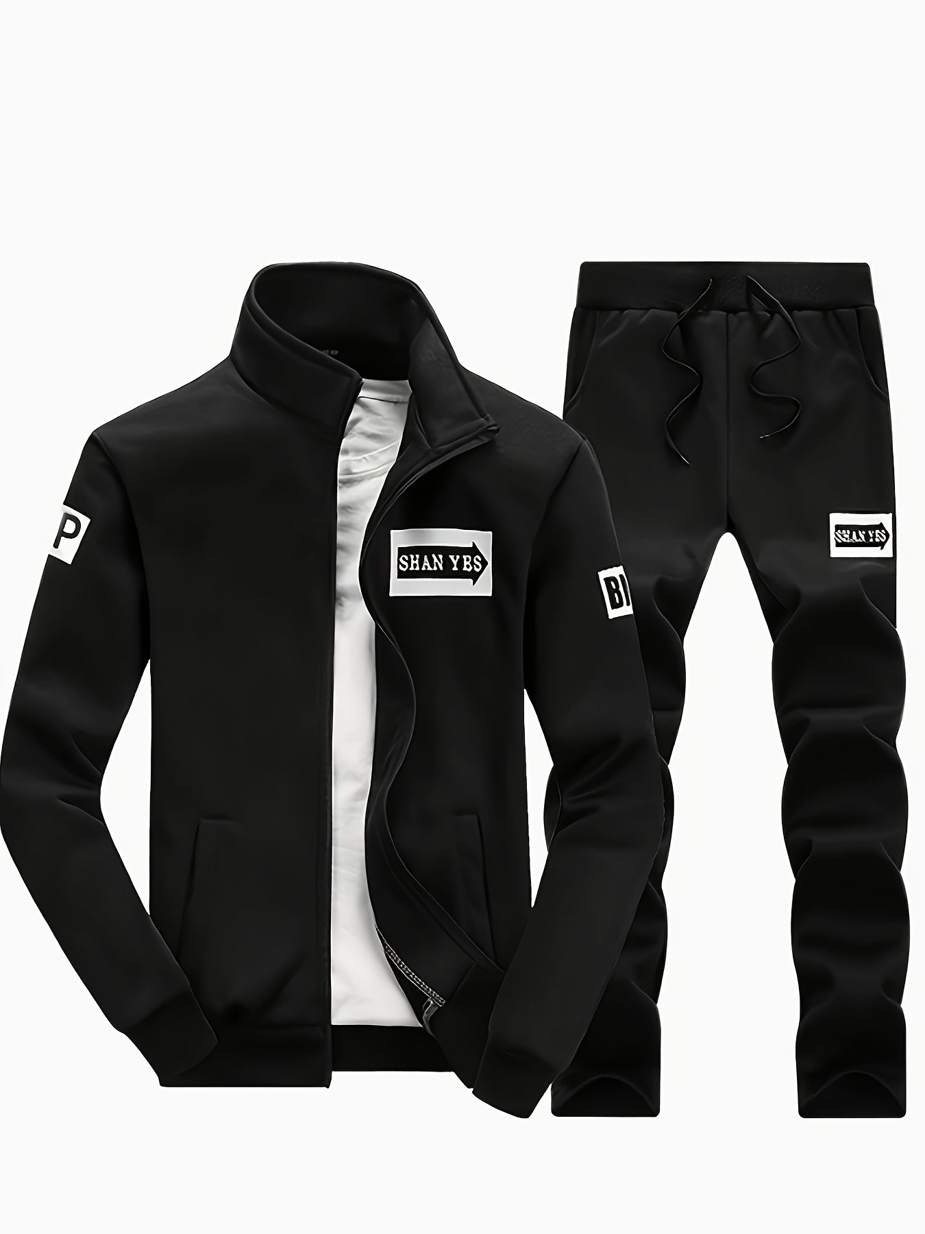 Men'S Navy Blue "Shan Yes" Print Casual Sports Suit - Zip-Up Hoodie & Joggers with Pockets, Regular Fit for Spring & Fall, Comfortable Leisure Wear, Leisure Wear Hoodie | Sporty Hoodie | Zipper Closure, Essential Hoodie