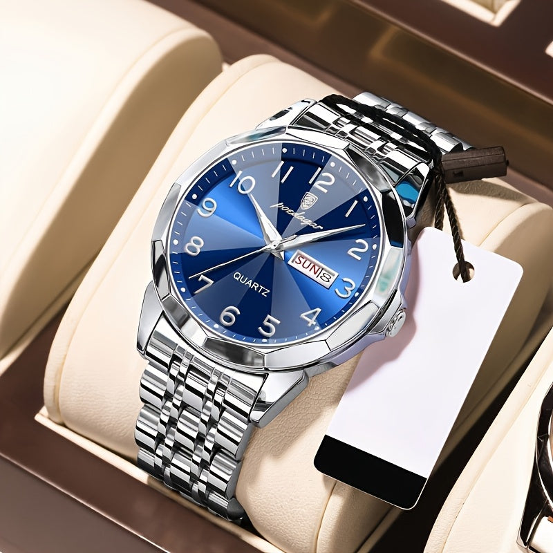 1pc BINBOND Men'S Fashion Watch, Luxury Dual Calendar Quartz Wristwatch, Business Style, Round Alloy Case, Stainless Steel Strap, Water-Resistant, Luminous Pointer Display, Battery Powered, Perfect for Valentine's, Christmas,