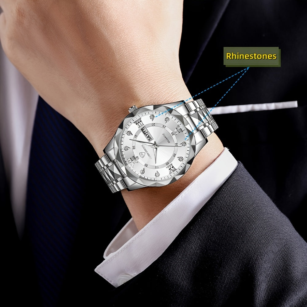 Men'S Quartz Business Watch with Rhinestone-Embellished Luminous Dial, Stainless Steel Strap & Case, Date & Day Display, IPX7 Water-Resistant - Ideal for Travel, Work, Outdoor - Perfect Gift for Birthdays, Holidays, Anniversa