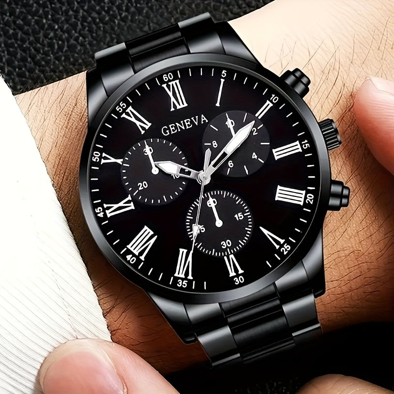 Luxury 8pcs Men'S Gift Set: Stainless Steel Quartz Watch with Calendar, Golden Arrow Necklace, Bracelet & Ring - Elegant Business Casual Accessories for Valentine's, New Year, Easter, Ramadan, Birthdays, Christmas, Halloween