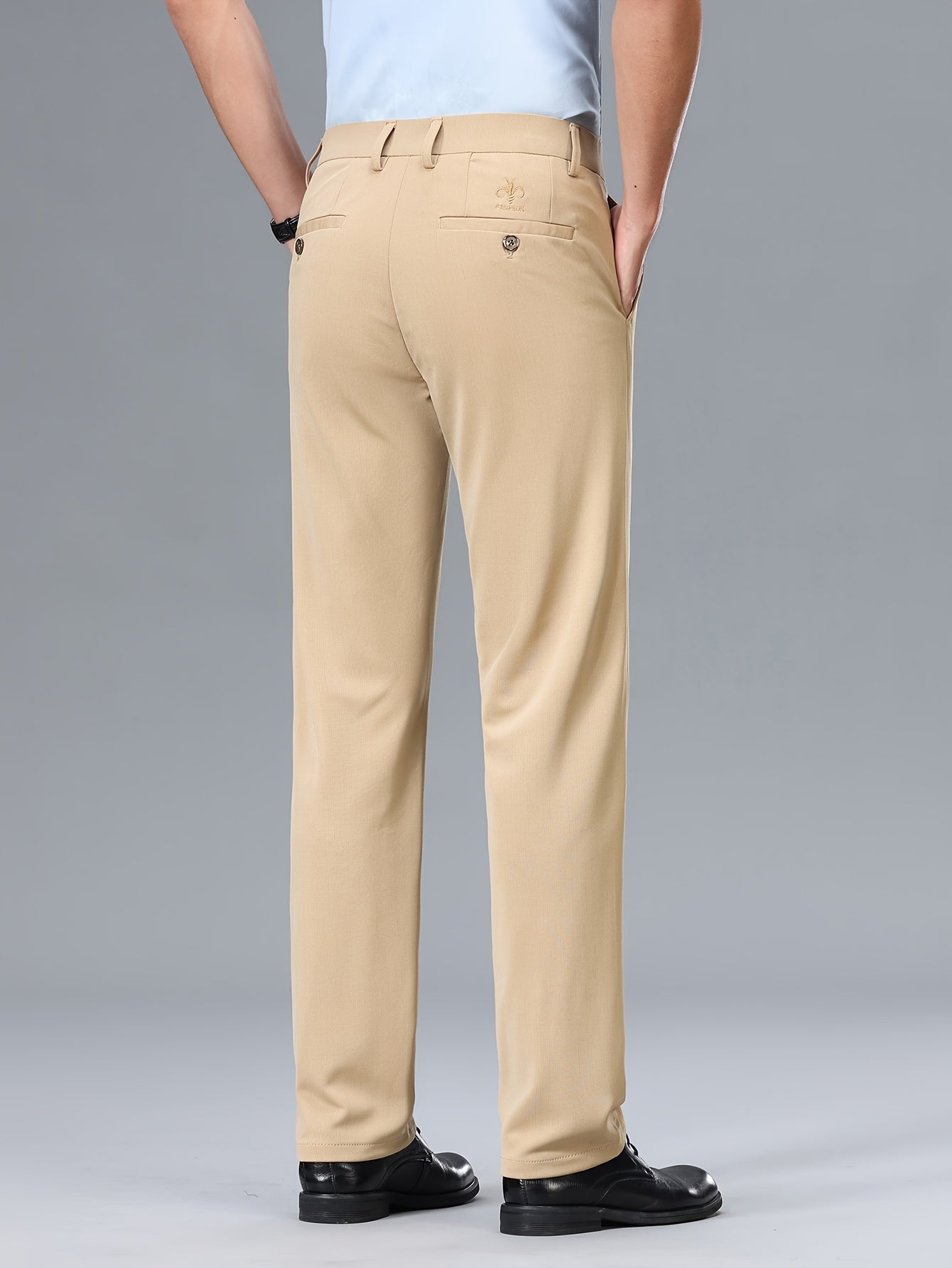 Men's Stretch Dress Pants, Beige with Embroidered Logo - Straight Fit, Wrinkle-Resistant, Polyester Blend, Ideal for Business Casual or Formal Occasions, Allseason Wear|Straight Cut Pants|Stretch Fabric