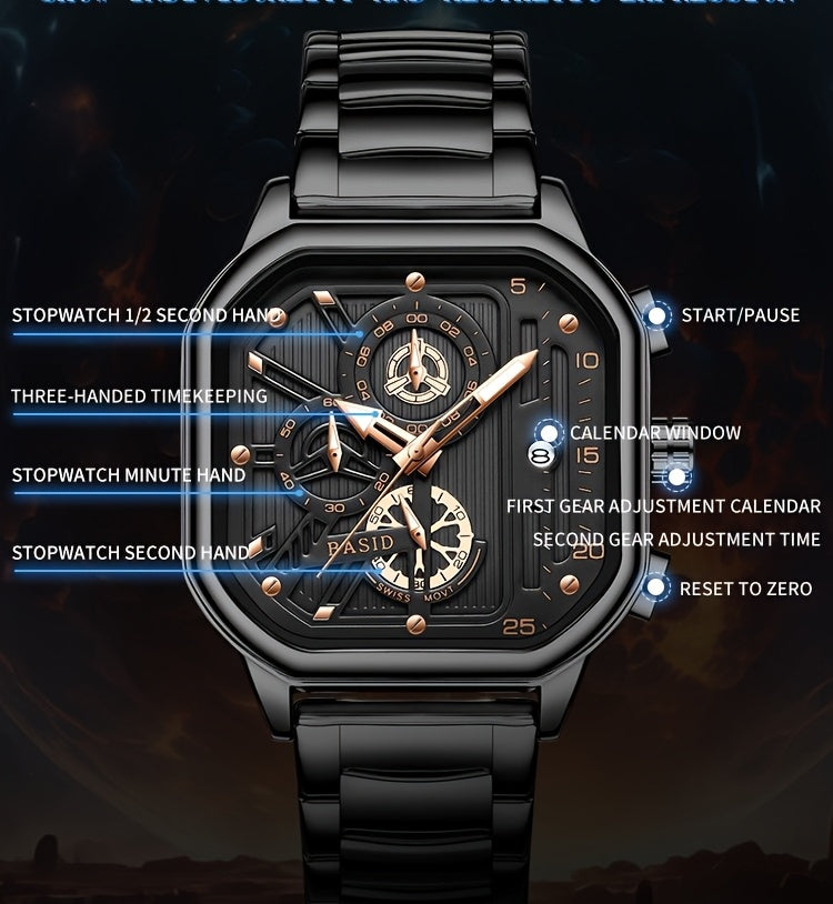 BASID Men's Elegant Square Analog Quartz Watch with Date Display & Stopwatch - Stainless Steel Strap, Black Dial - Casual & Dress Watch for Men, Unique Gift Idea, Versatile Wristwatch, Sleek Watch Design, Polished Finish
