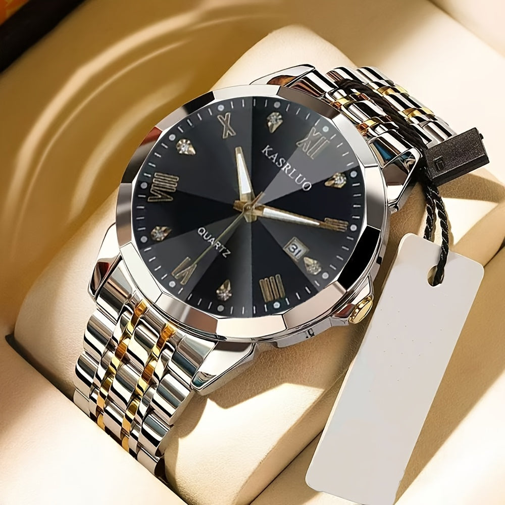 KASRLUO Men's Elegant Stainless Steel Watch with Crystal Roman Numerals & Date Display - Business Style, Quartz Movement
