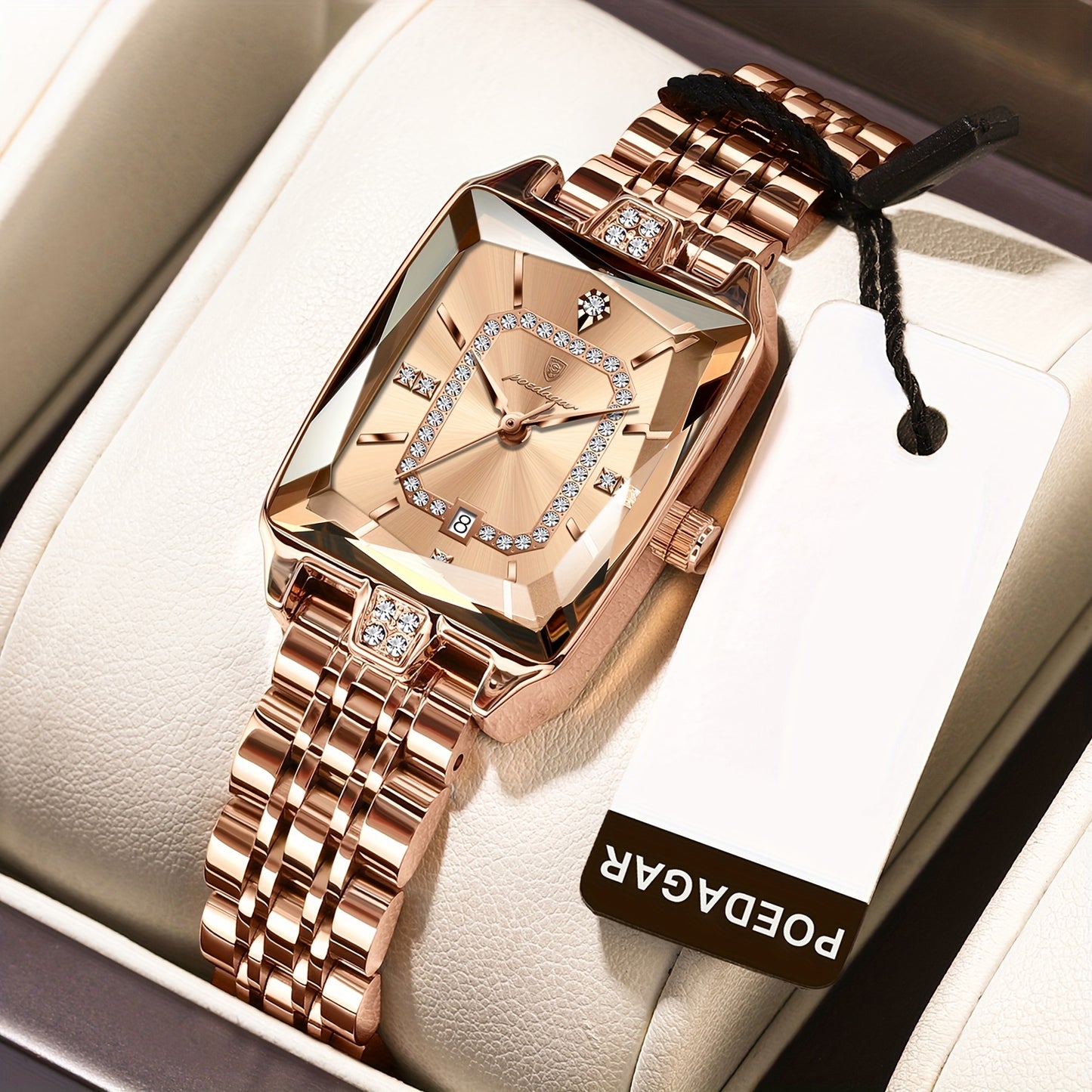POEDAGAR Elegant Women's Quartz Watch - Rose Golden Stainless Steel, (3ATM), Square Dial with Gemstone Accents, Date Display, Luxury Fashion Accessory for Casual or Formal Occasions