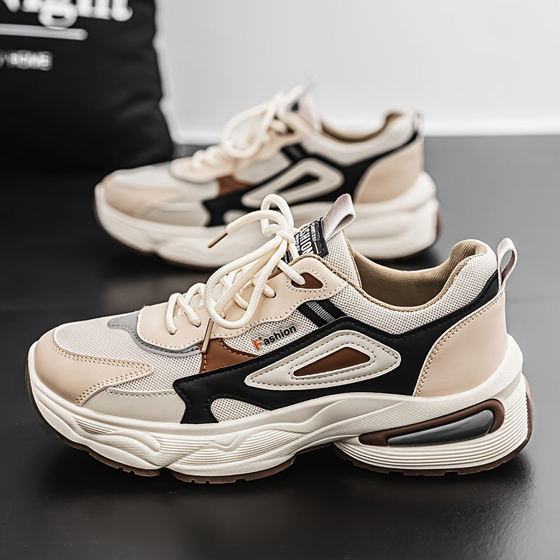 Men's Fashion Sneakers - White/Black/Brown PU Upper, Breathable Fabric Lining & Cushioned EVA Insole, Durable PVC Sole, Lace-Up Mid-Top Design for All-Season Casual & Daily Wear, High Top Sneakers, Versatile Footwear, Modern