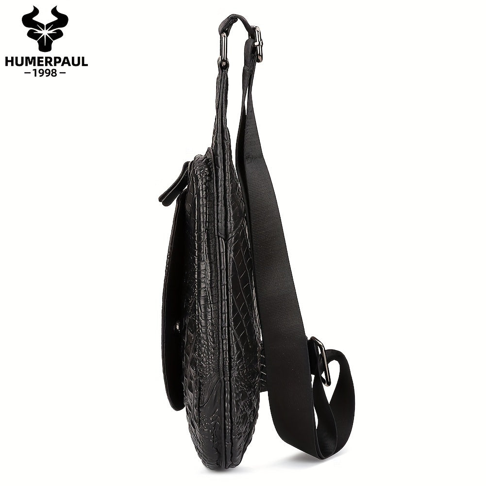HUMERPAUL Men'S Casual Brown Leather Crossbody Bag with Alligator Print - Adjustable Strap, Multi-Compartment, Everyday Commute Shoulder Bag, Everyday Bag | Casual Style Bag | Adjustable Strap Bag