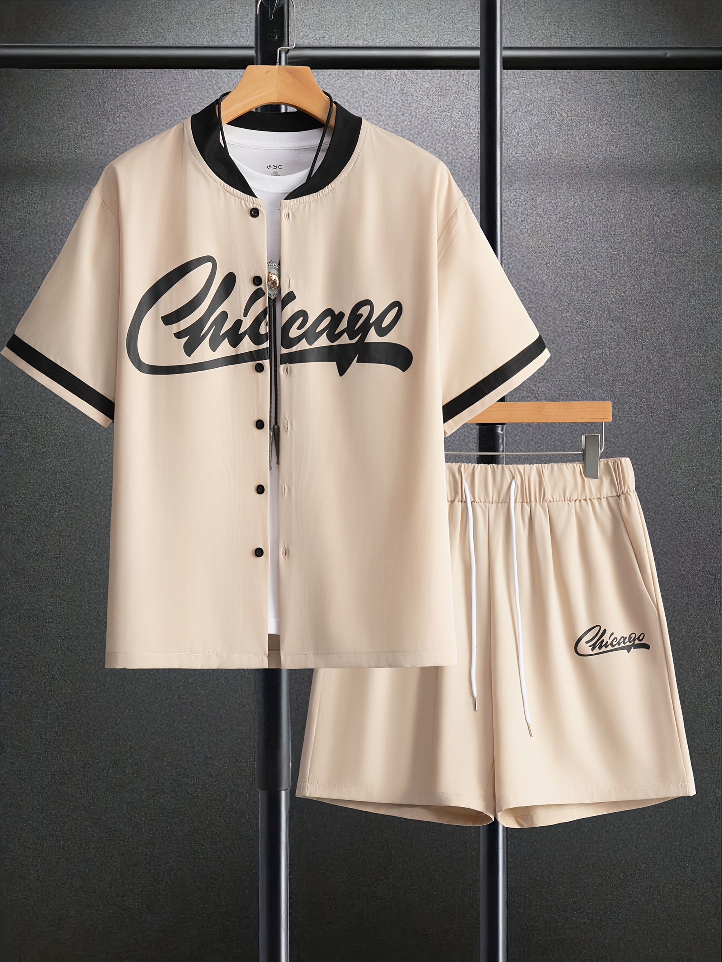 Men's Chicago Letter Print Casual Short Sleeve Baseball Shirt with Printed Webbing + Drawstring Shorts Two-Piece Set