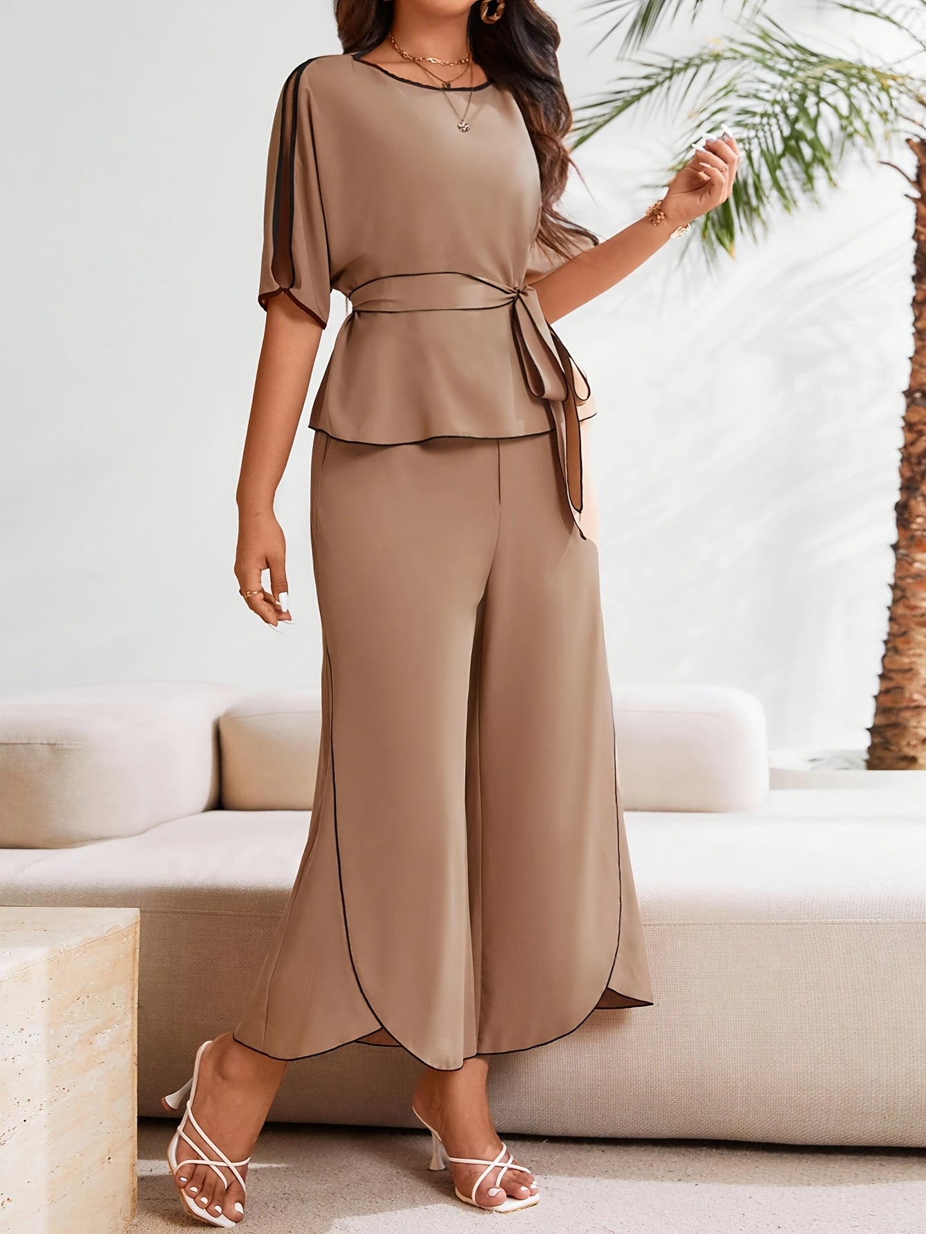 New Stylish and Elegant Solid Color Short-Sleeve Shirt Pants Set for Women