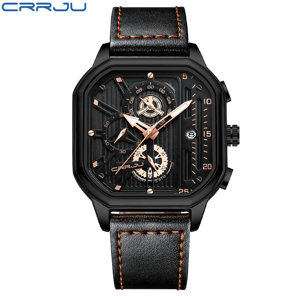 CRRJU Men's Sporty Chronograph Watch with Rose Golden Accents, Quartz Movement, IPX8 High Quality, Black Dial & Brown Faux Leather Strap - Durable Casual & Formal Timepiece