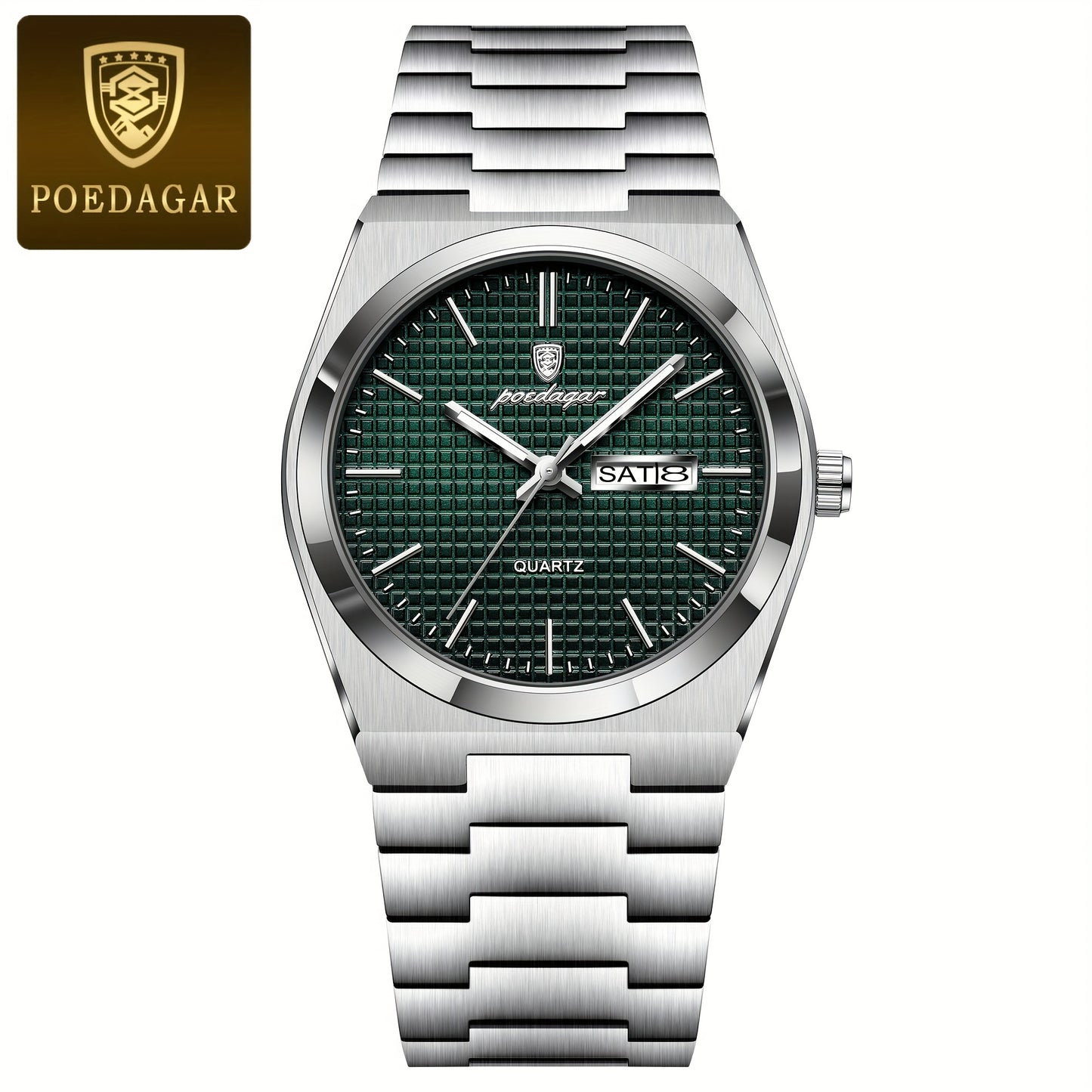 POEDAGAR Elegant Women'S Quartz Watch, Luminous Calendar, Stainless Steel Band, Round Alloy Case, Fashionable Night-Glowing Dial with Blue & Orange Accents
