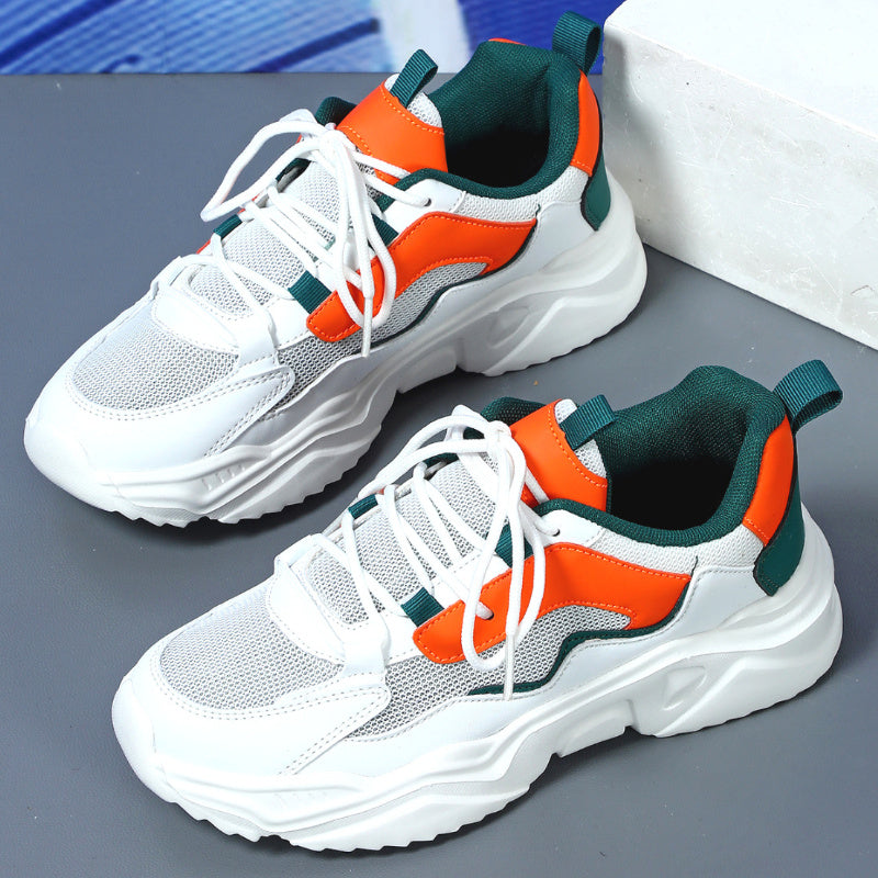 Women's Breathable Mesh Sneakers - Lightweight Lace-Up Sneakers with Contrasting Color Design, White Base with Green & Orange Accents, Perfect for Tennis, Outdoor Activities, and Casual Attire, Casual Sneakers | Casual Sneake