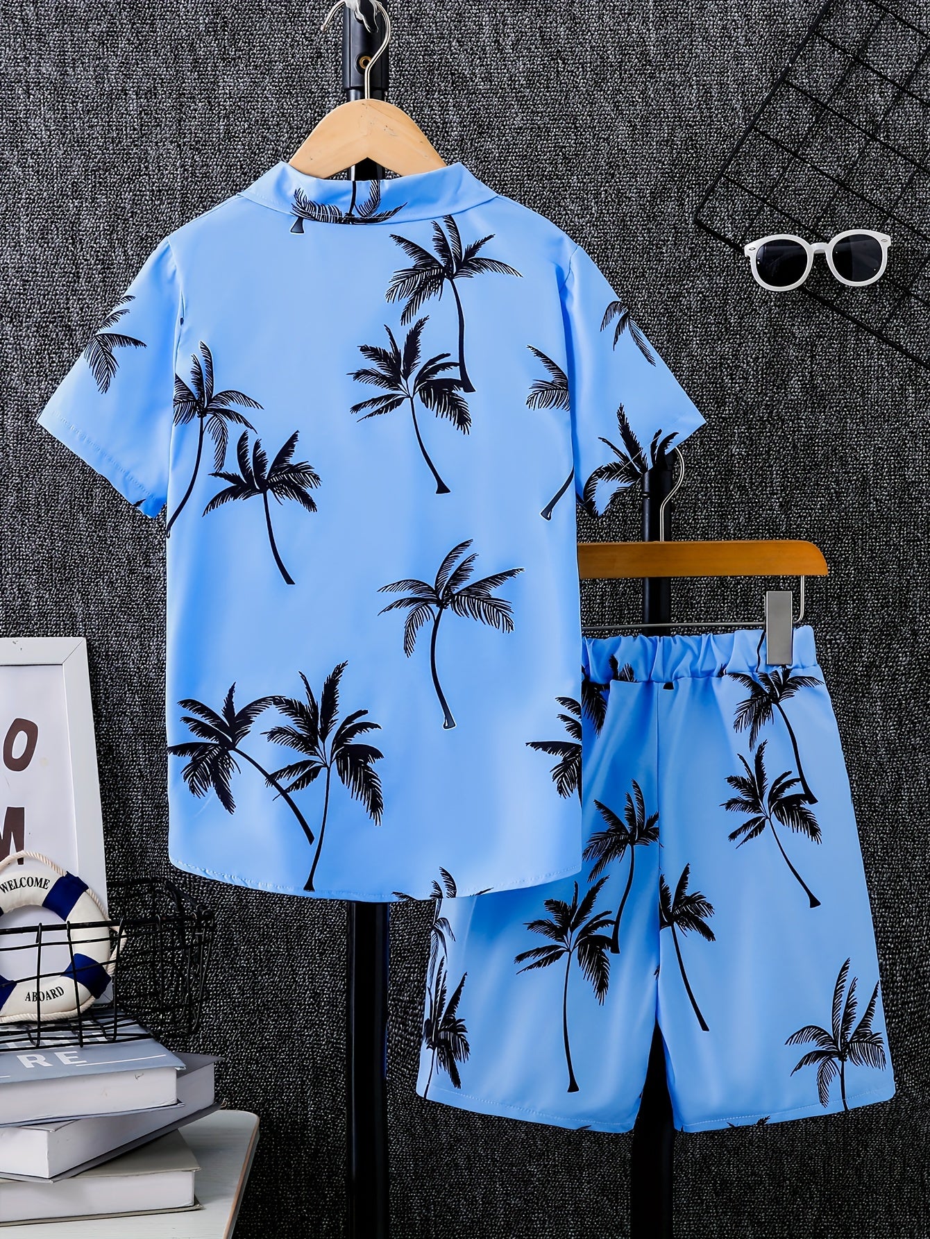 2pcs Boys Casual Coconut Tree Graphic Print Short Sleeve Lapel Shirt & Shorts Set, Comfy Summer Boys Clothing For Daily & Outdoor Wear