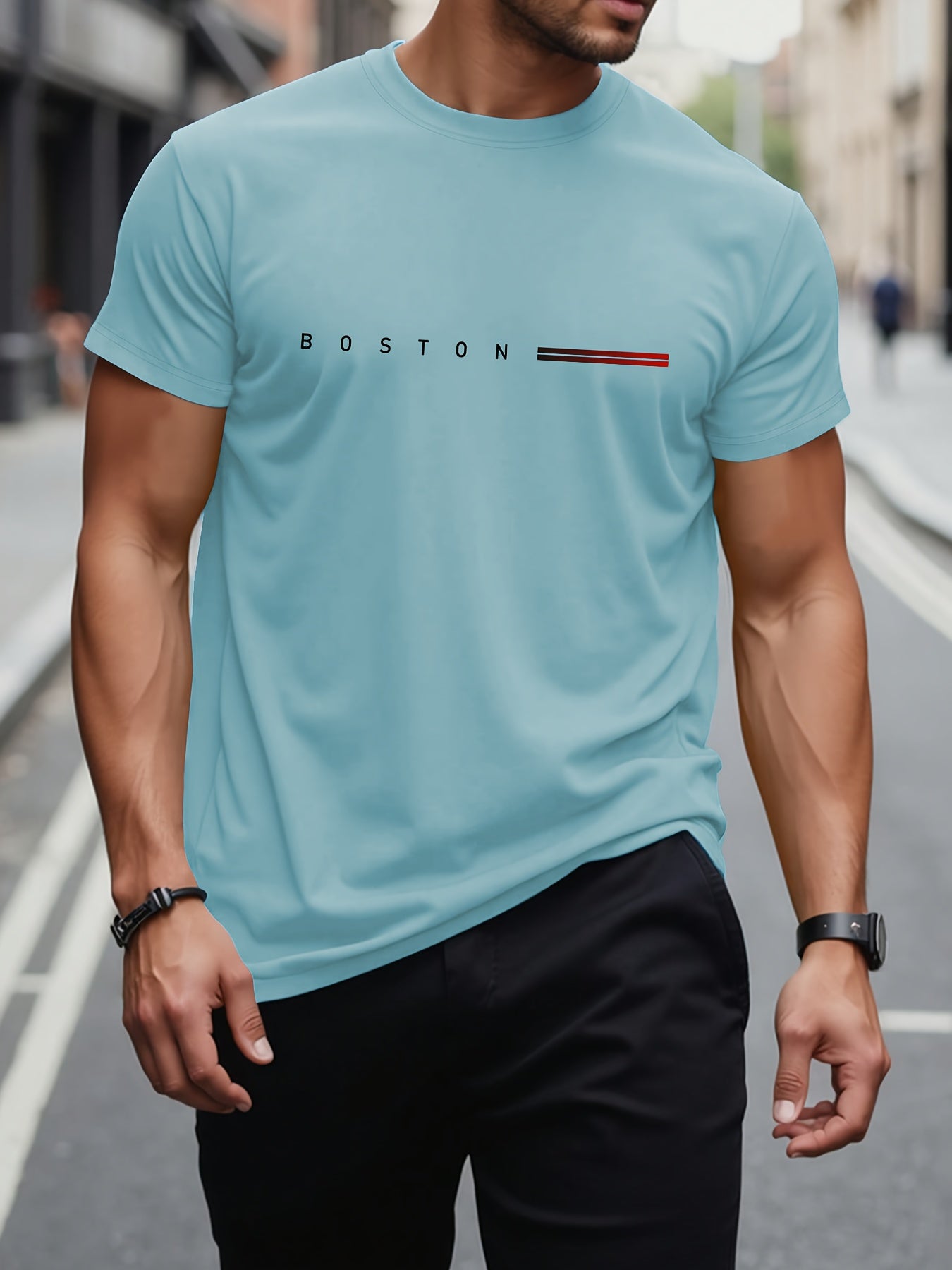 Men's Heavyweight 180gsm Cotton T-Shirt - Dark Gray Crew Neck Tee with Bold "Boston" Print, All-Season Everyday & Formal Shirt for Men - Machine Washable Luxury Casual Top, Versatile Clothing, Modern Design, Premium Fabric, S