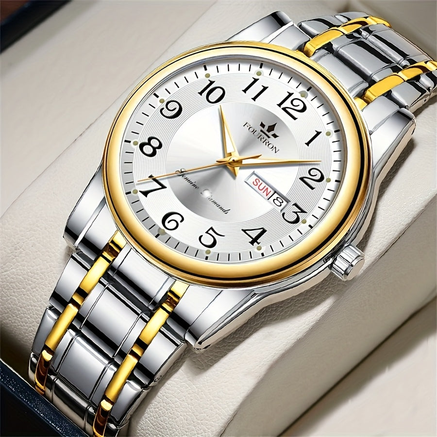 FOURRON Men's Quartz Watch - Trendy and Fashionable Appearance Stainless Steel Band with Luminous & Date Display, Ideal Gift for Birthdays & Holidays, Sunday Calendar Display, Multifunctional Watch, Casual Fashion, Gift for R