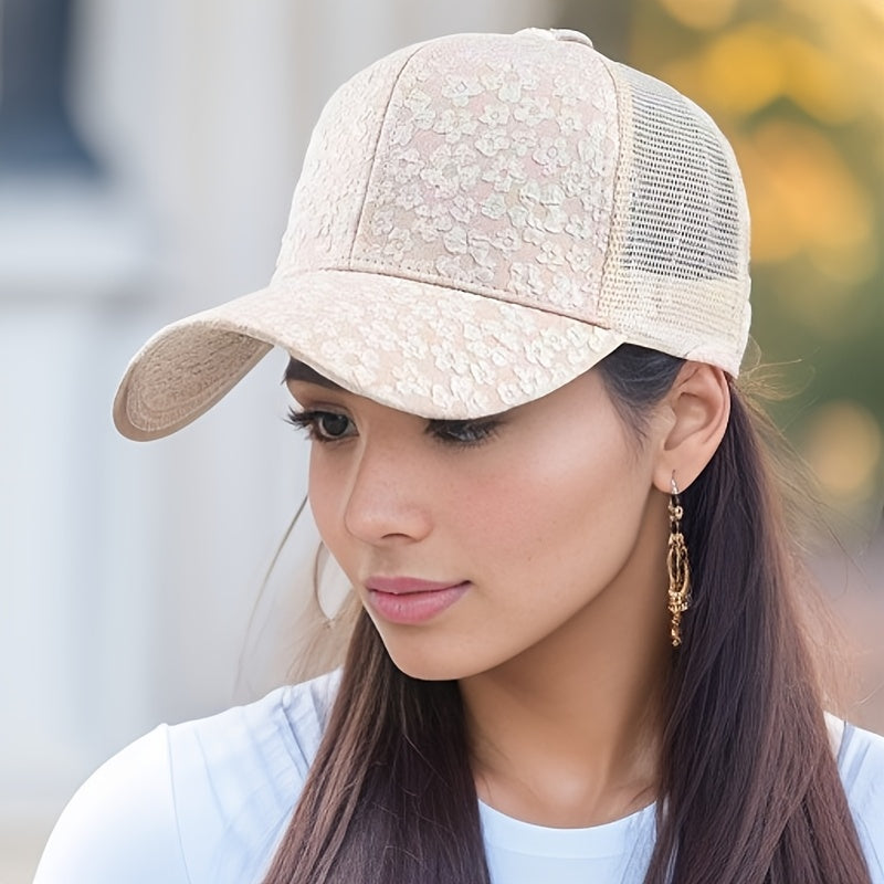 Elegant White Floral Women's Baseball Cap - Adjustable, Breathable Mesh Back, Stylish Duckbill Design for All Seasons, Perfect for Casual Outings and Beach Days, Outdoor Headwear, Adjustable Headgear