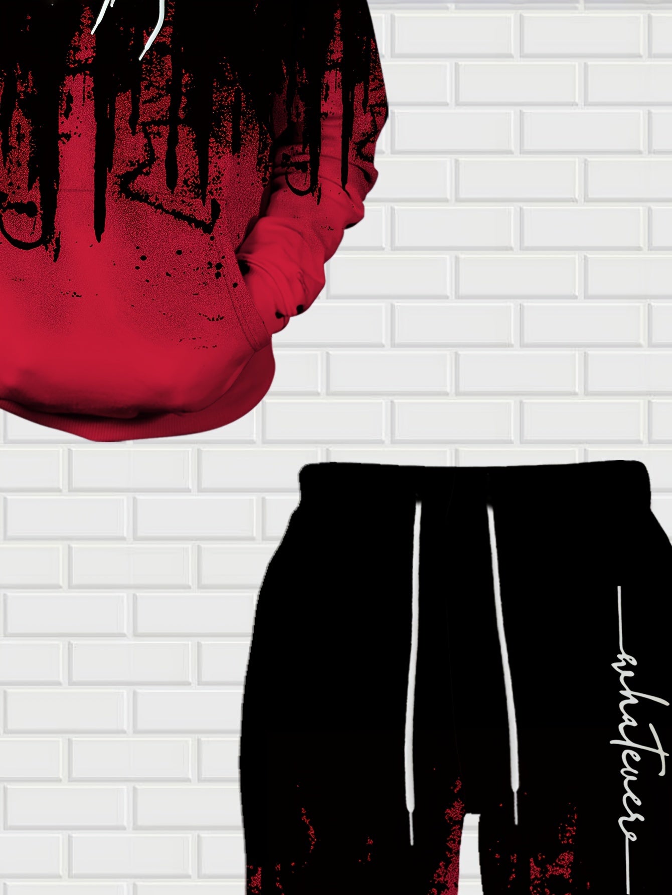 Men's Casual Hoodie & Sweatpants Set - Black & Red Contrast, Letter Print Design, Comfort Fit for Spring/Fall
