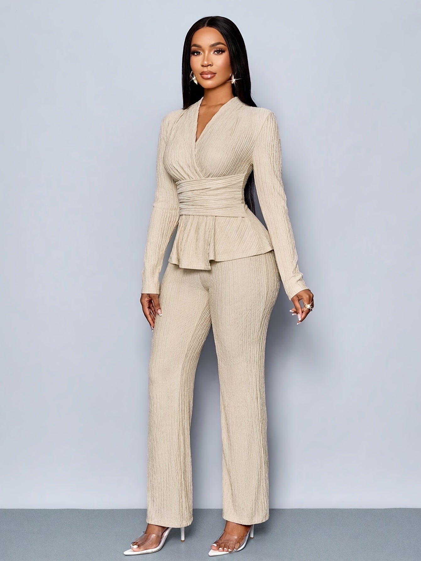 Women'S Elegant Beige Two-Piece Suit with V-Neck and Long Sleeves, Asymmetrical Hem, Wide Leg Pants, and Clutch - Perfect for Office or Casual Wear, Casual Attire|Elegant Two-Piece Set|Asymmetrical Hemline