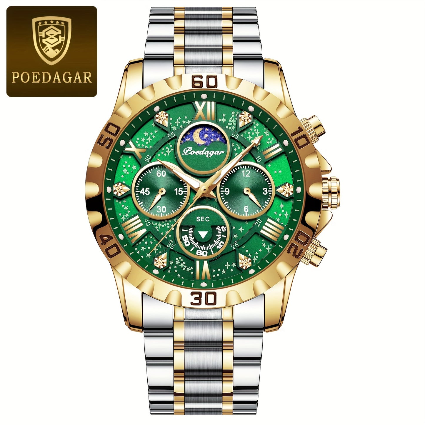 POEDAGAR Men'S Luxury Stainless Steel Quartz Watch with Moon Phase and Calendar - Waterproof, Night-Glow Hands, and Detailed Dial for Business and Formal Attire, Formal Watch | Detailed Watch Face | Quartz Movement