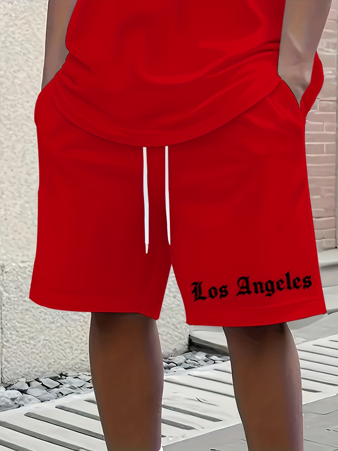Men'S Los Angeles Graphic Print Casual Sportswear Set - Breathable Summer Short Sleeve T-Shirt & Drawstring Shorts with Pockets, Regular Fit, Crew Neck, Comfortable & Stylish for Casual Attire, Leisure Clothing | Trendy Sport