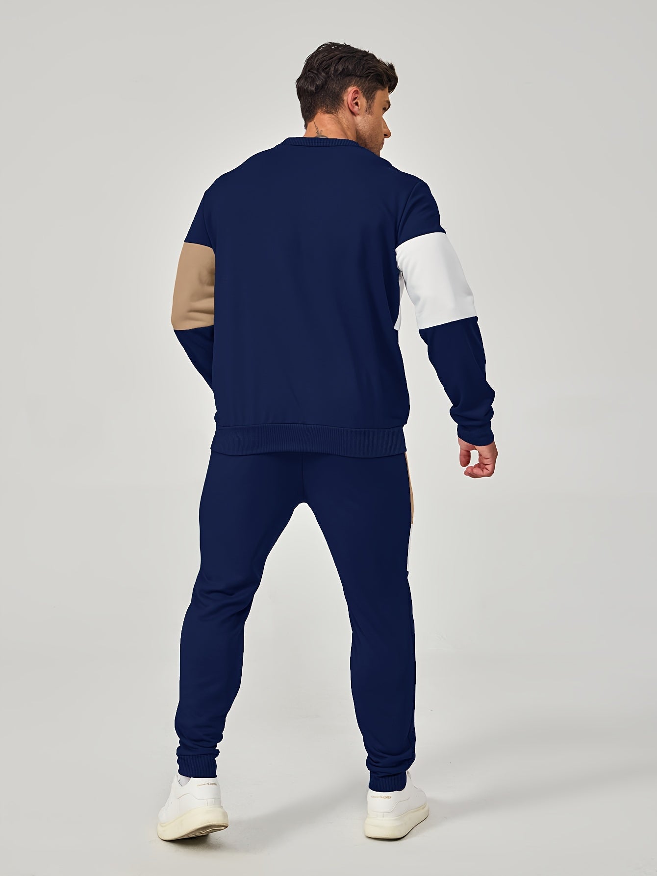 Men's Casual Crew Neck Sweatshirt & Joggers Set - Color Block, Polyester Blend, Machine Washable - Perfect for Spring/Fall, Leisure Style, Conventional Version, Spring/Autumn