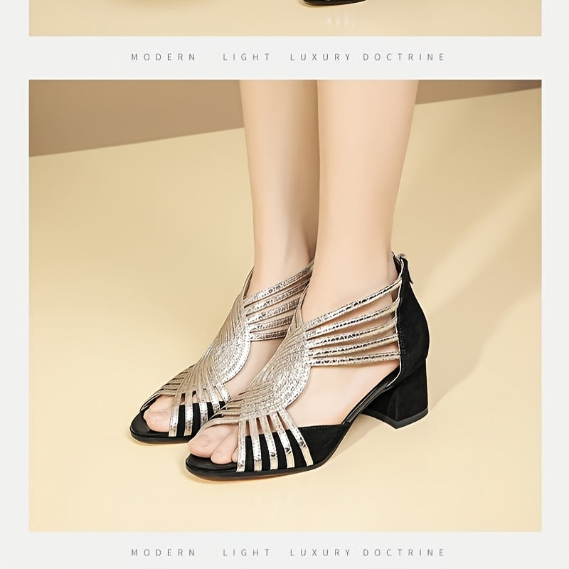 Women's Roman Gladiator Sandals - Chunky Mid-Heel Open-Toe Zipper Closure, Breathable PU Cover Strappy Ankle Strap for Spring, Casual & Formal Events