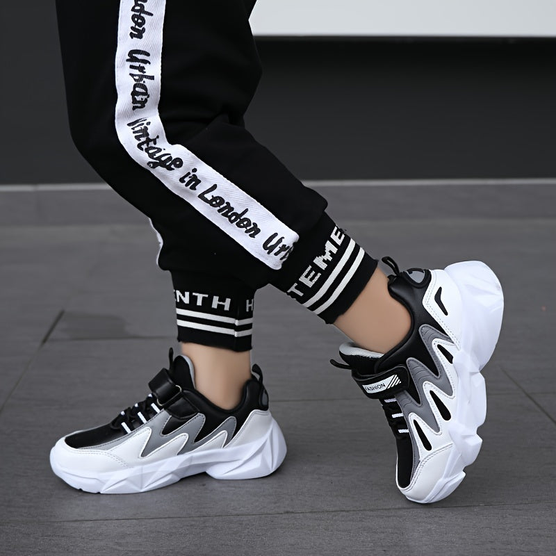 Youngsters' Lightweight Sporty Casual Sneakers with Closure, Geometric Color-Block Design, PU Upper & EVA Sole for Winter/Autumn - Breathable Fabric Lining, Grey & White, Winter Youngsters Footwear | Durable EVA Sole, Girls S