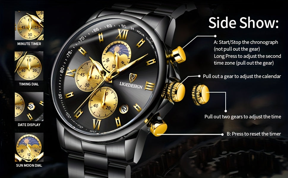 LIGE Black Blue Quartz Watch with Calendar, Exquisite & Simple Dial Stainless Steel Strap Multiple Colors High-quality Wrist Watch