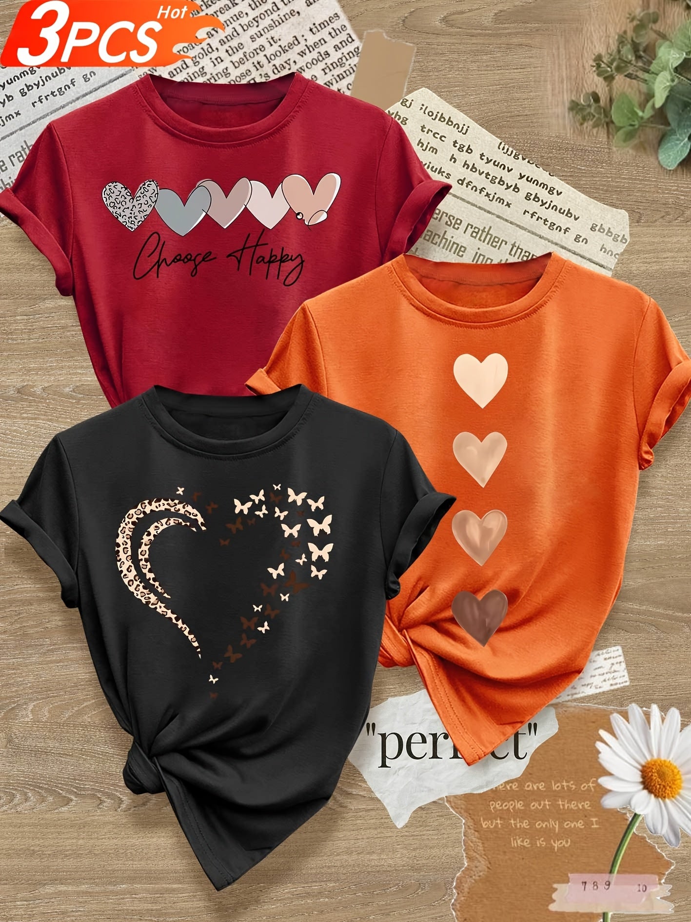 Leopard Print Small Butterfly Love Hearts in Pairs with English Letter Pattern Printed Fashion Retro Style Women's Spring, Autumn and Winter Casual Sports Top Round Neck Short Sleeve T-shirt 3pcs Combination Pack Family Pack