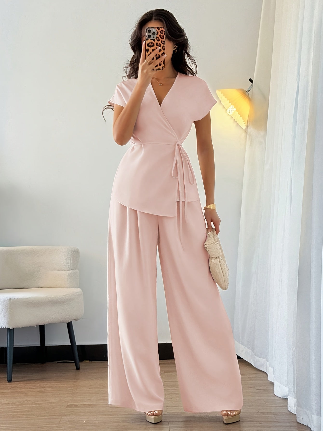 Stylish Women's Elegant Comfortable Solid Color Top and Loose Wide-Leg Pants Two-Piece Set, Suitable for Outings, Dates, Vacation