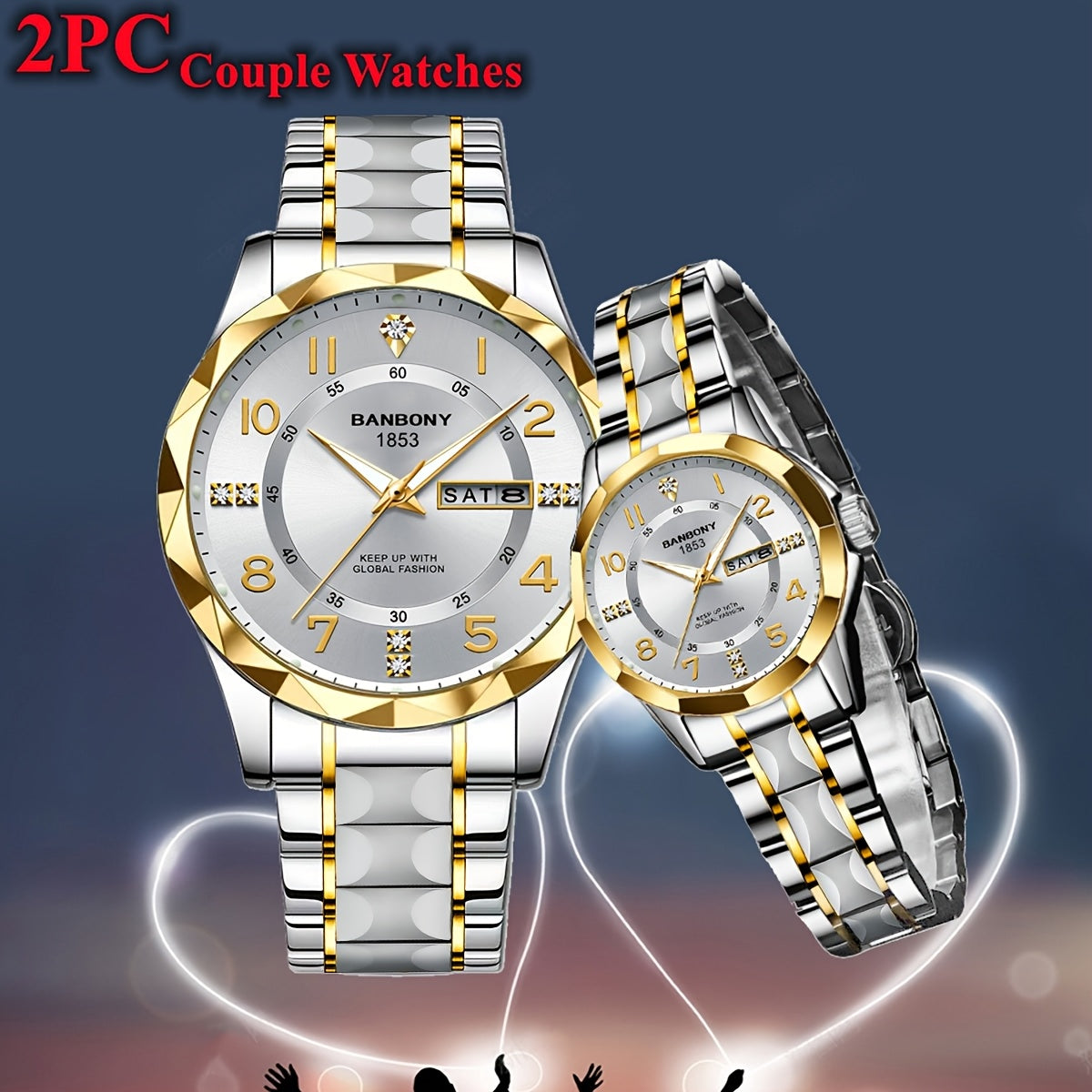 2pcs BNDBONY Brand Men And Women Couples Quartz Watch Stainless Steel Strap Scratch-Resistant Wear Luminous Pointer Digital Simple Hd Disc IPX7 Waterproof Fashion Multifunctional Couples Watch Holiday Couples Lover Birthday G