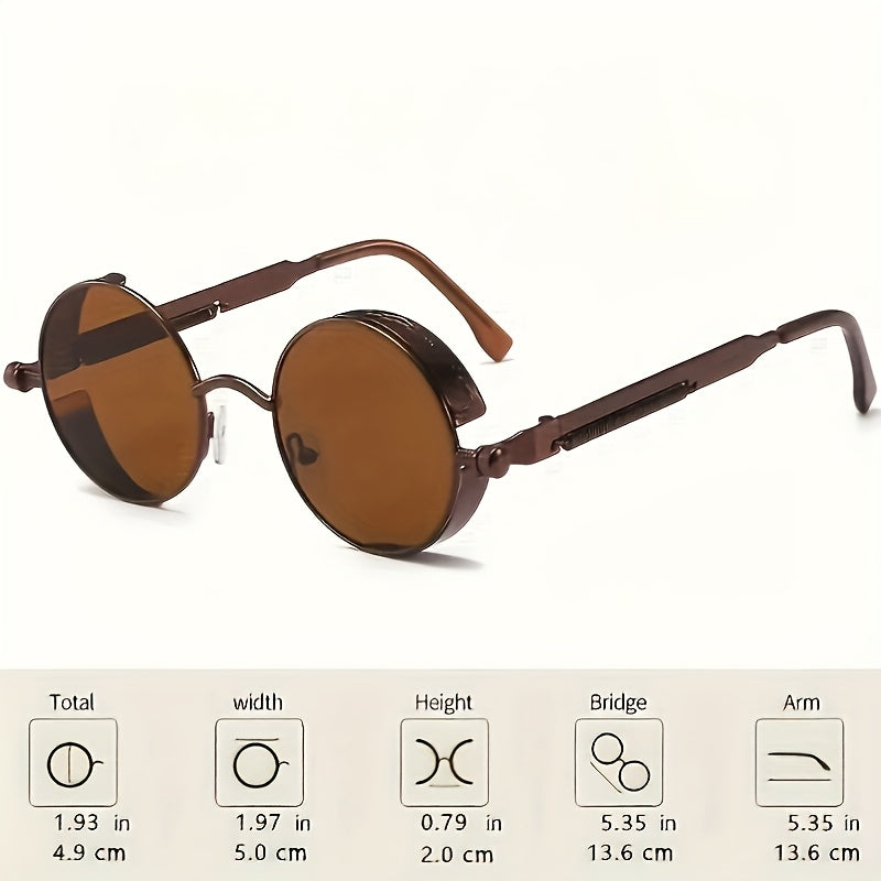 Retro Round Metal Frame Fashion Glasses with Spring Leg Design - Stylish Unisex Fashion Accessory for Men & Women, Brown Tinted Lenses, Perfect for Casual Outfits, Retro Glasses